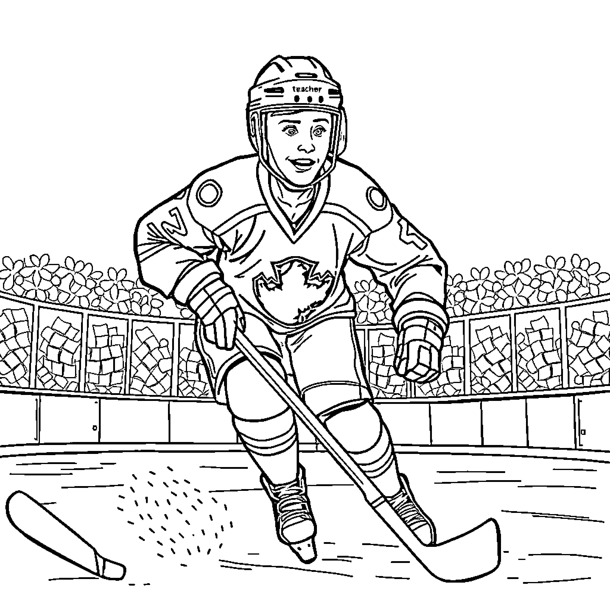 Teacher in Hockey Gear on the Ice Rink Coloring Page (free black-and-white line drawing printable PDF for all, from beginners to advanced learners, including children, teens, adults, and seniors)