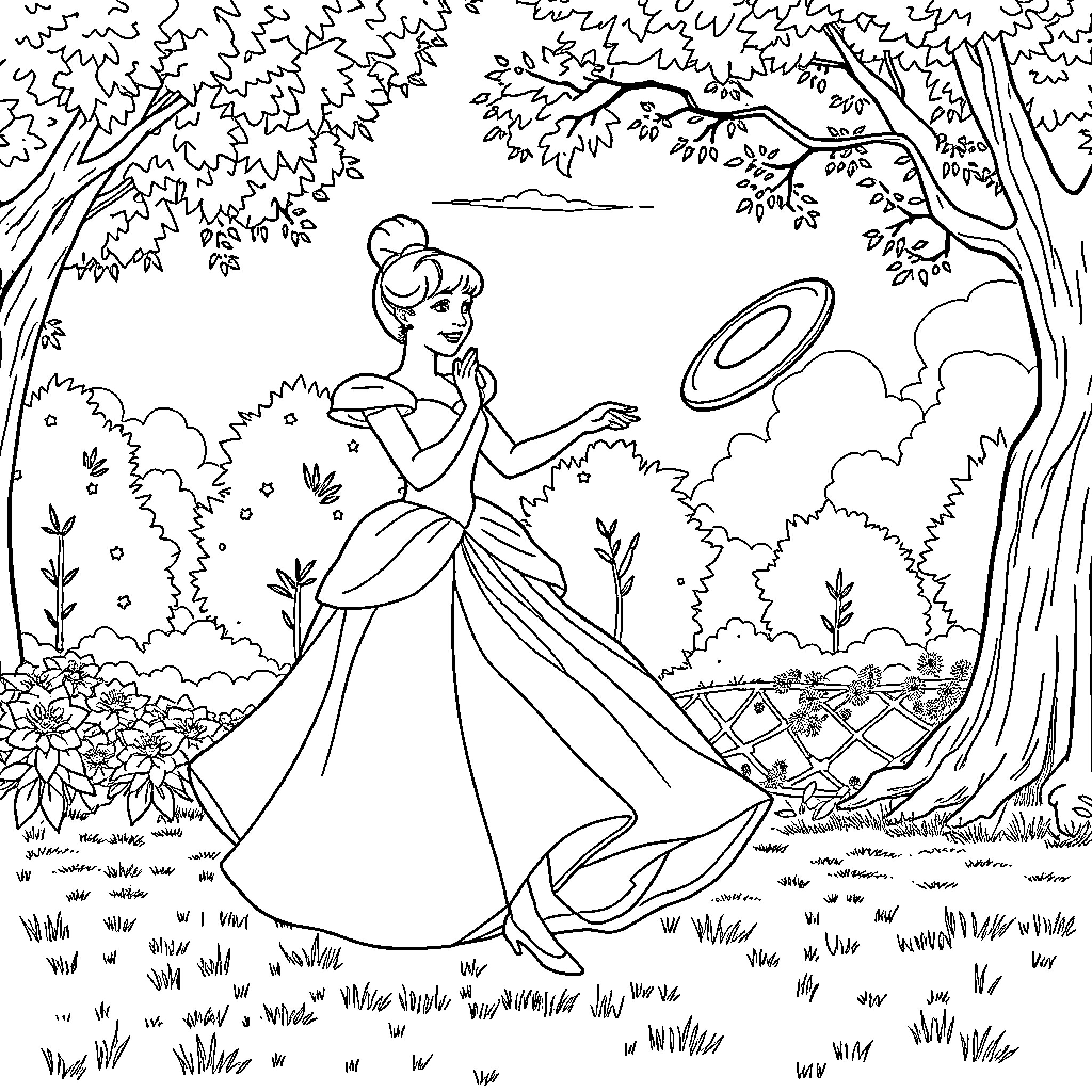 Cinderella dancing joyfully in a forest clearing Coloring Page (free black-and-white line drawing printable PDF for all, from beginners to advanced learners, including children, teens, adults, and seniors)