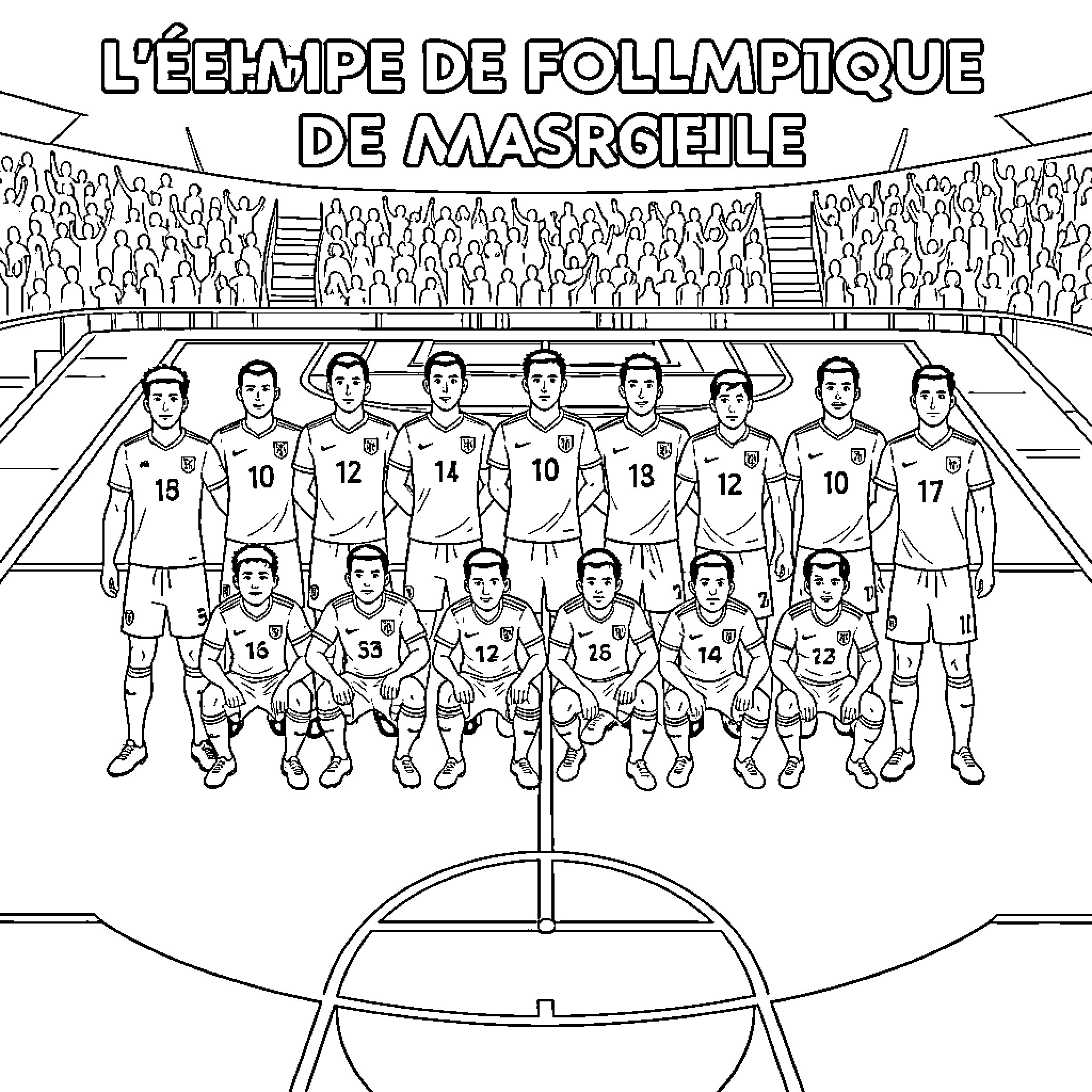 Olympique de Marseille football team posing for a group photo Coloring Page (free black-and-white line drawing printable PDF for all, from beginners to advanced learners, including children, teens, adults, and seniors)