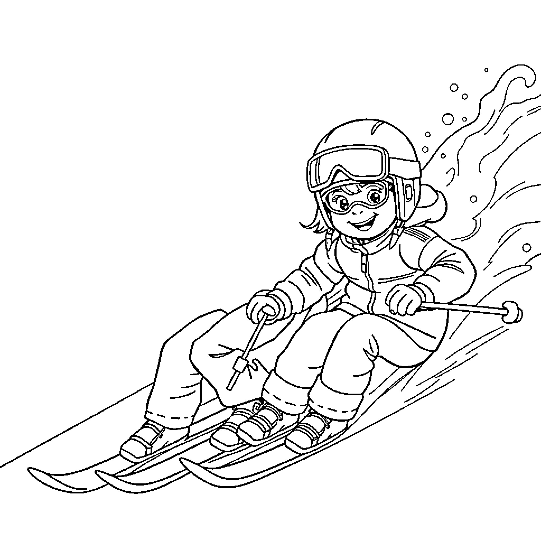 Kid Skiing Down Snowy Slopes with Joy Coloring Page (free black-and-white line drawing printable PDF for all, from beginners to advanced learners, including children, teens, adults, and seniors)