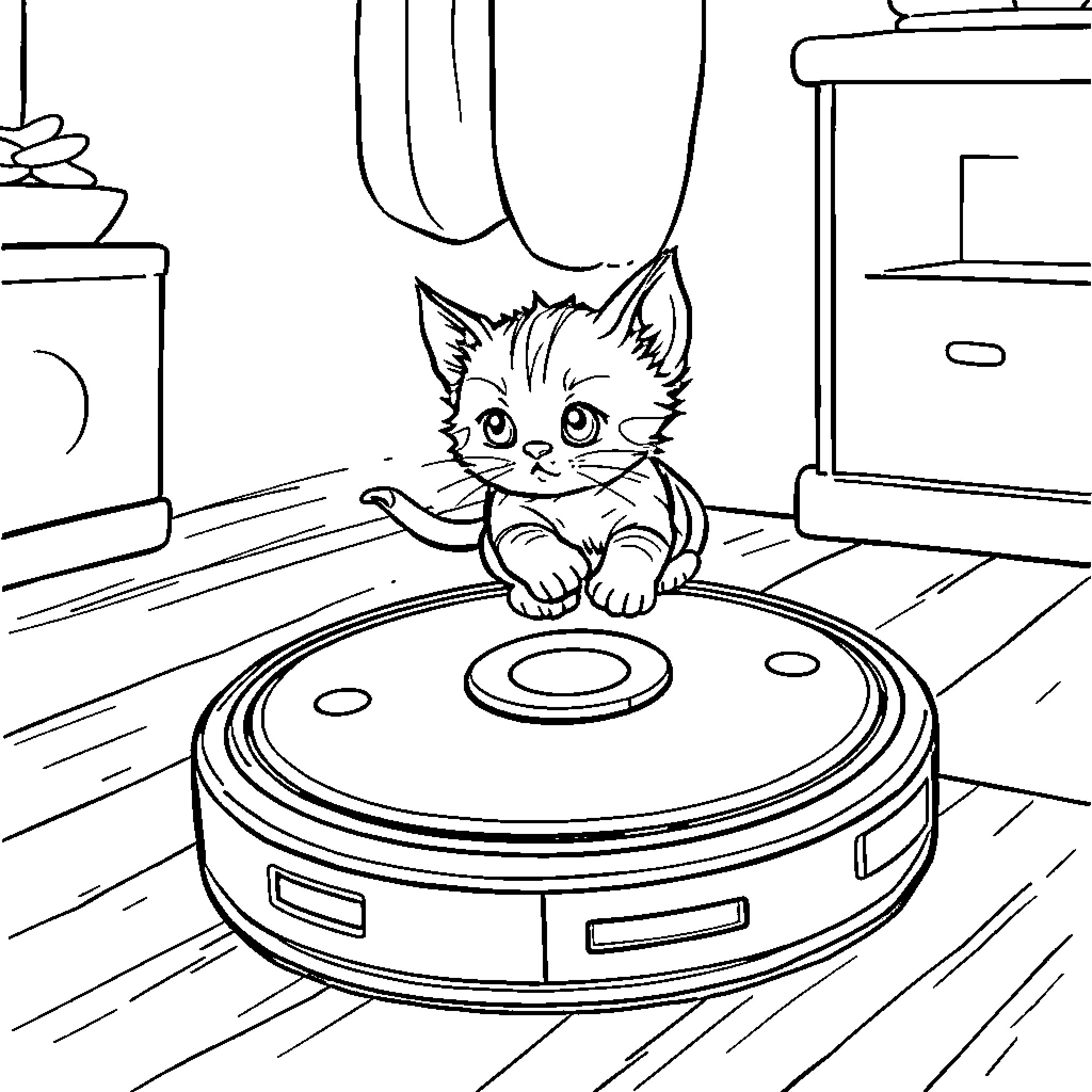 Kitten exploring a robotic vacuum cleaner Coloring Page (free black-and-white line drawing printable PDF for all, from beginners to advanced learners, including children, teens, adults, and seniors)