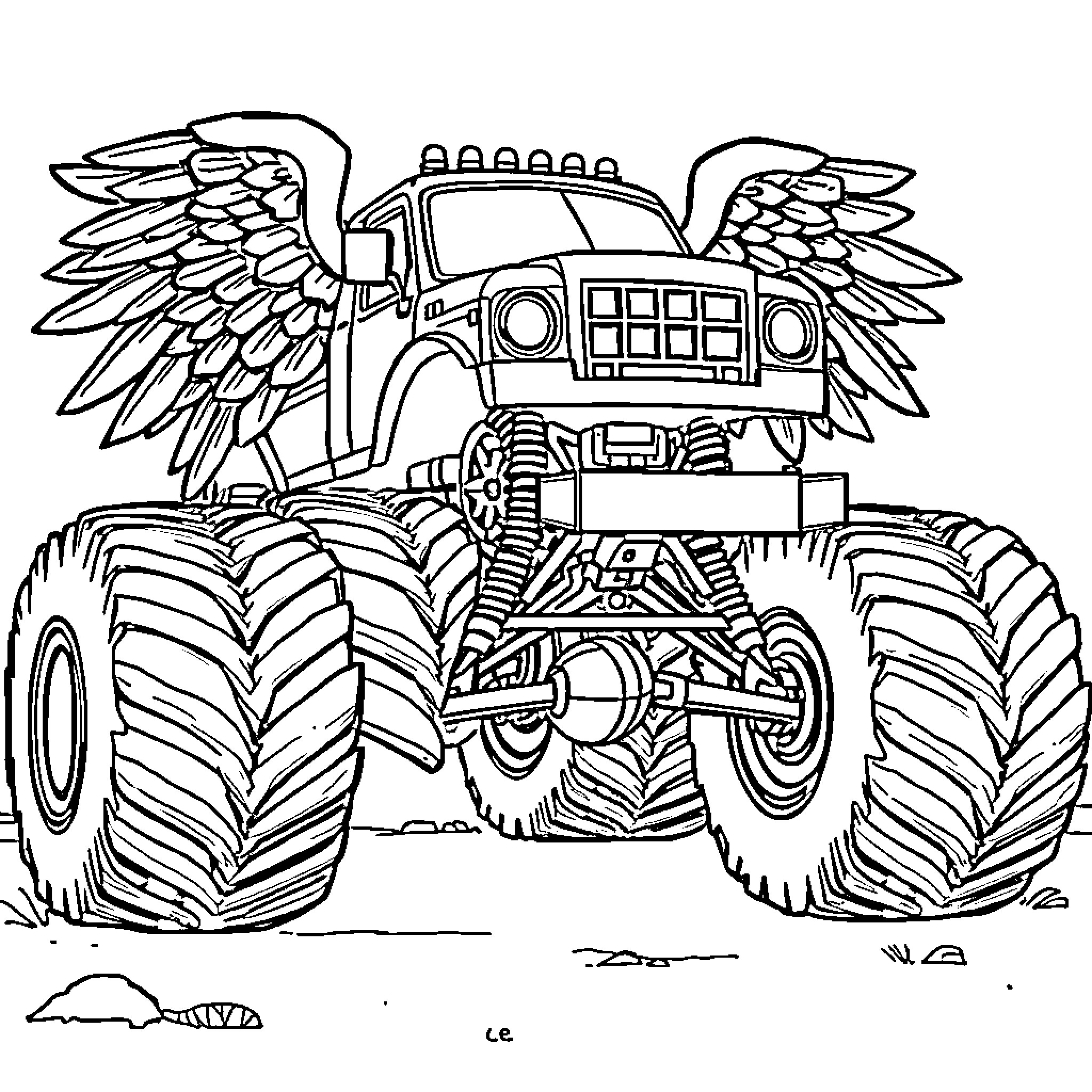 Monster Truck Soaring with Angelic Wings Coloring Page (free black-and-white line drawing printable PDF for all, from beginners to advanced learners, including children, teens, adults, and seniors)