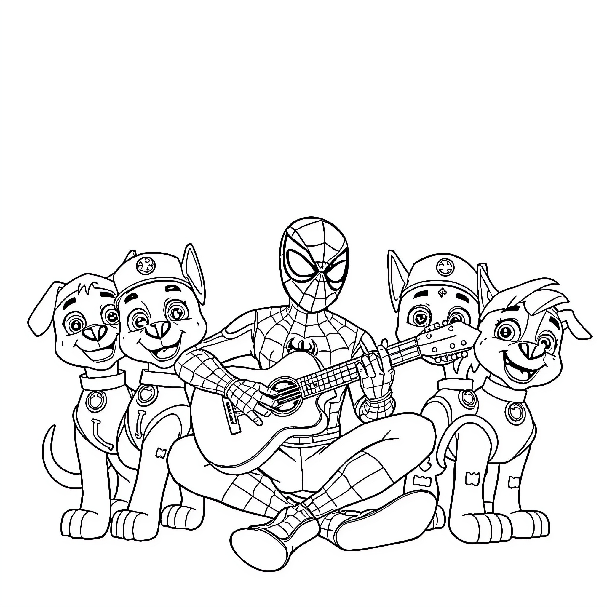 Spiderman playing guitar with puppy pals Coloring Page (free black-and-white line drawing printable PDF for all, from beginners to advanced learners, including children, teens, adults, and seniors)
