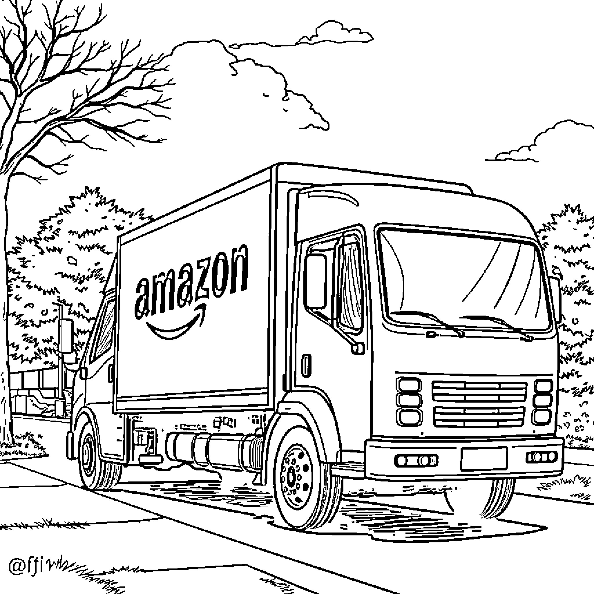 Truck delivering packages in the countryside Coloring Page (free black-and-white line drawing printable PDF for all, from beginners to advanced learners, including children, teens, adults, and seniors)