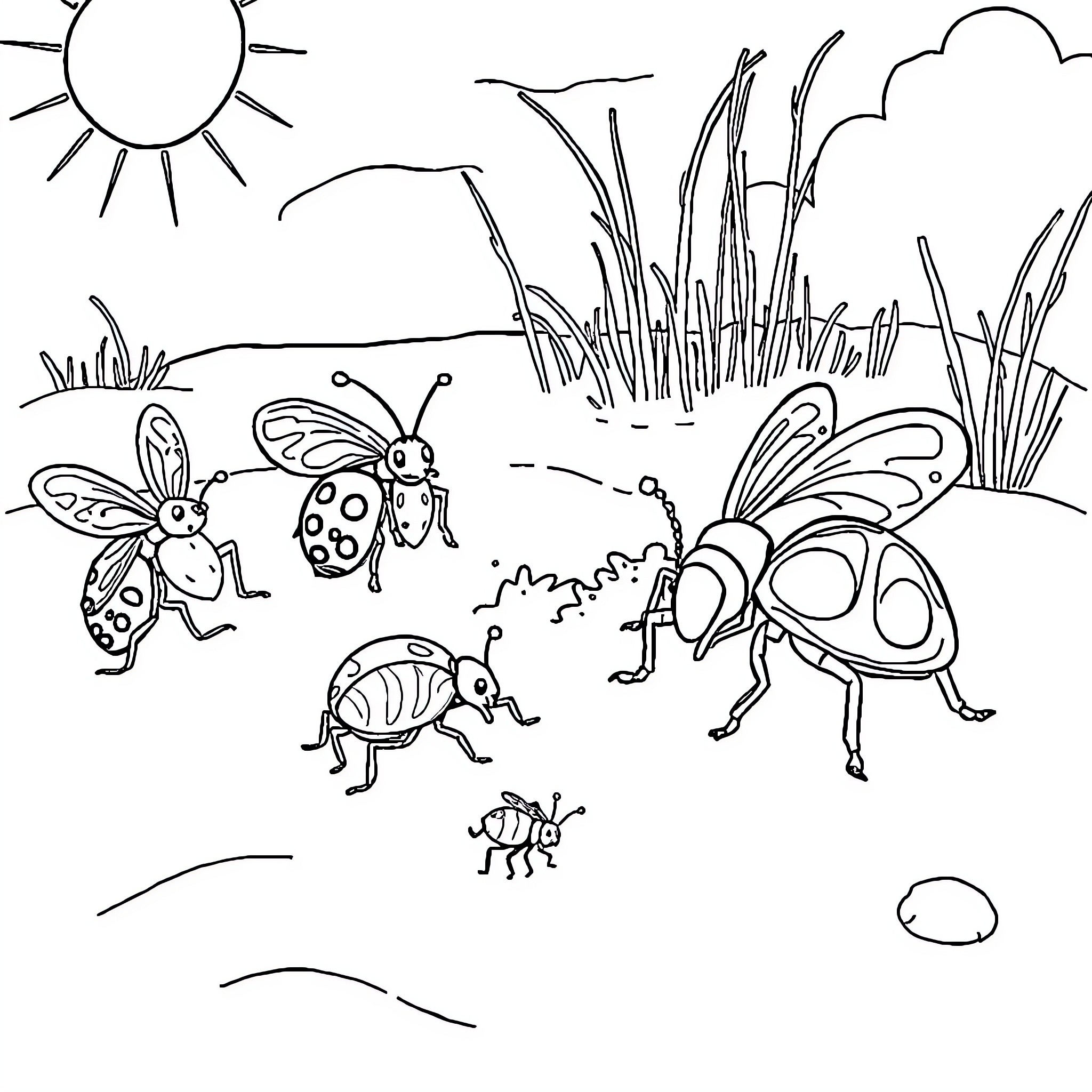 Bug friends exploring the outdoor scene Coloring Page (free black-and-white line drawing printable PDF for all, from beginners to advanced learners, including children, teens, adults, and seniors)