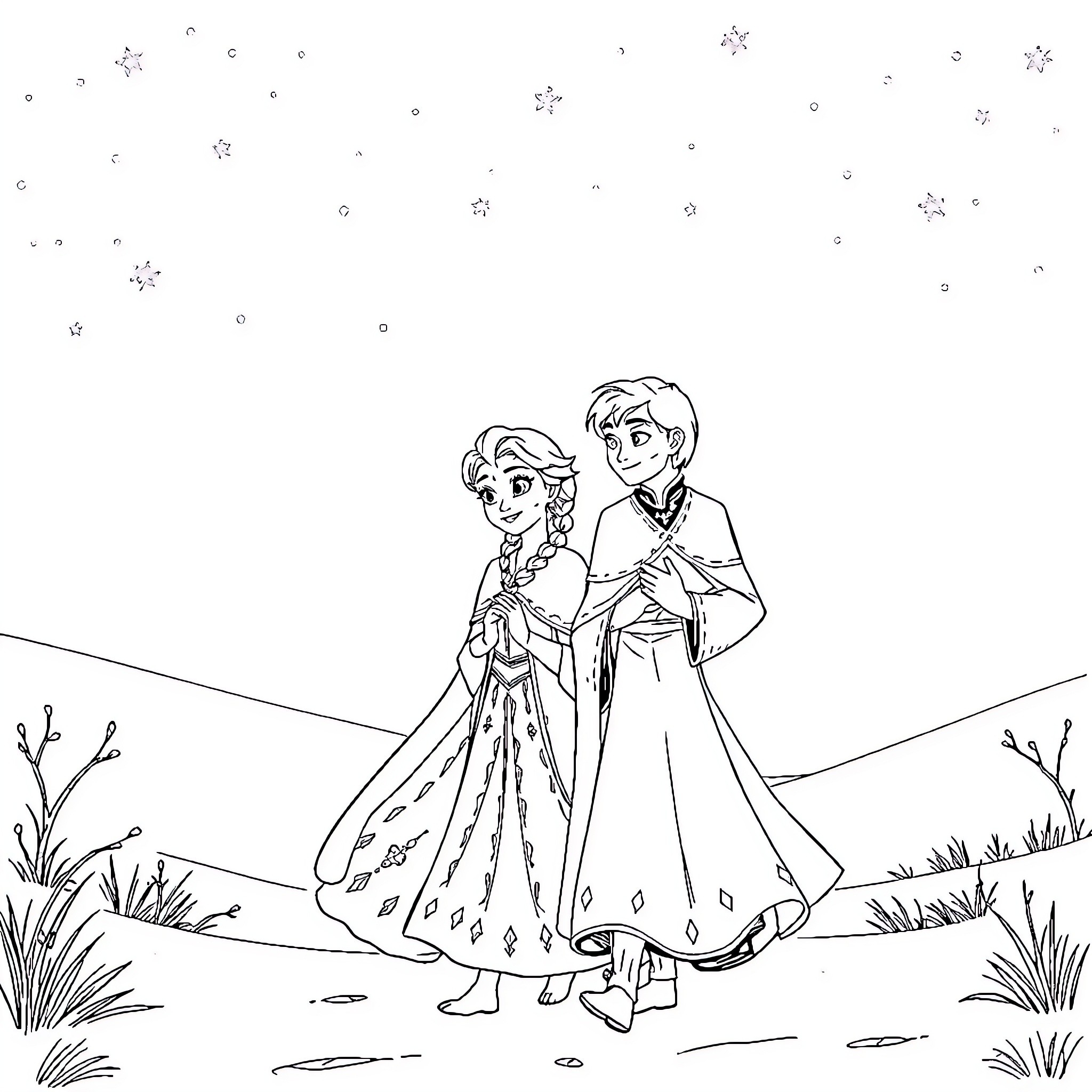Queen Elsa and Prince Charming in Winter Wonderland Coloring Page (free black-and-white line drawing printable PDF for all, from beginners to advanced learners, including children, teens, adults, and seniors)