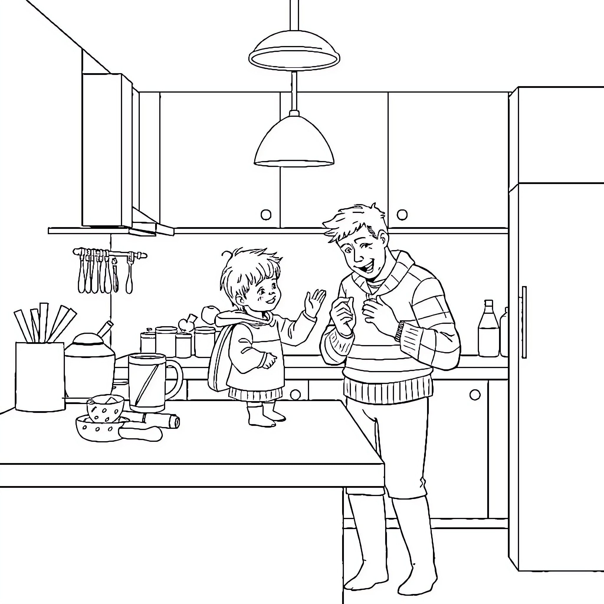 Family Enjoying Quality Time in the Kitchen Coloring Page (free black-and-white line drawing printable PDF for all, from beginners to advanced learners, including children, teens, adults, and seniors)