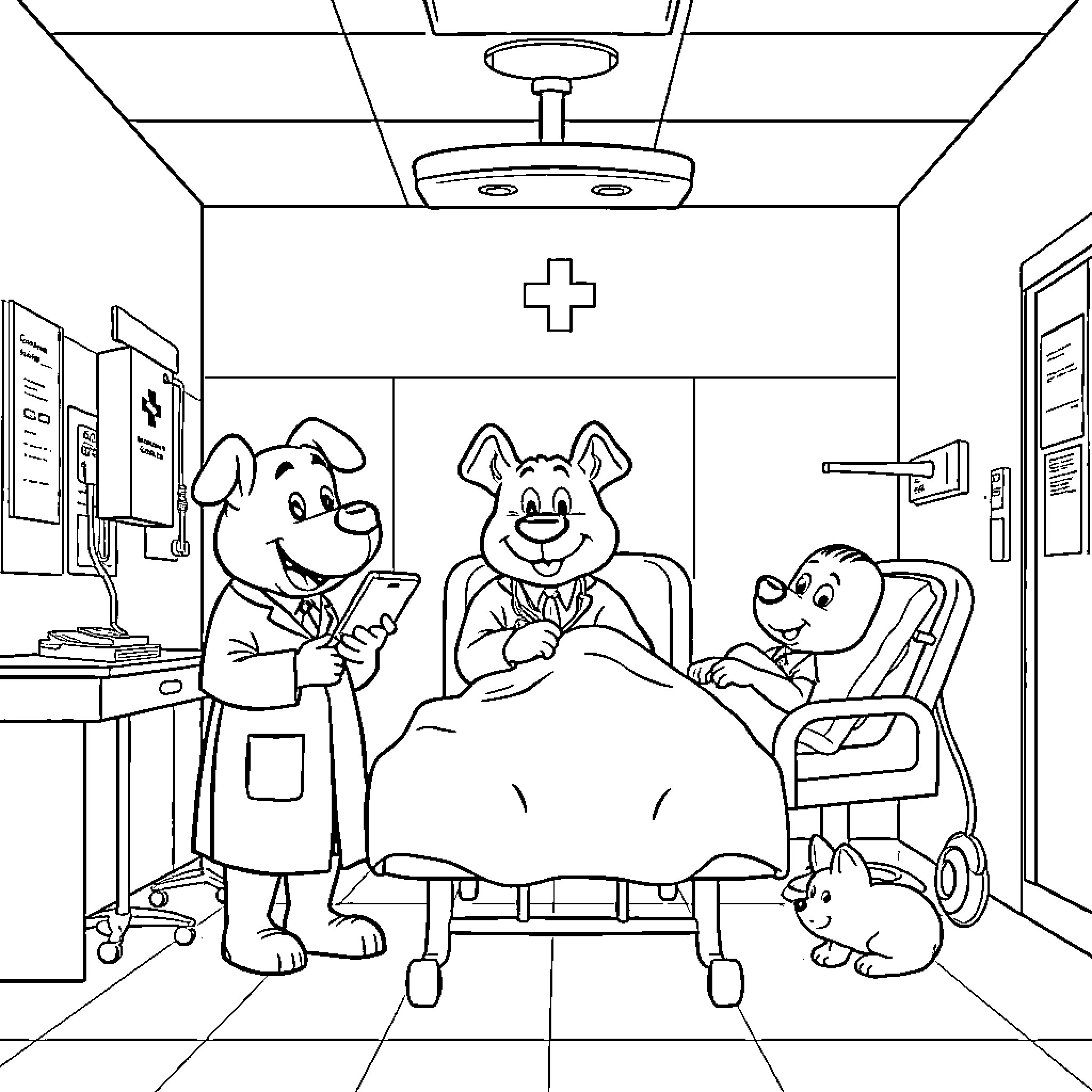 Paw Patrol Visiting Injured Friend in Hospital Coloring Page (free black-and-white line drawing printable PDF for all, from beginners to advanced learners, including children, teens, adults, and seniors)