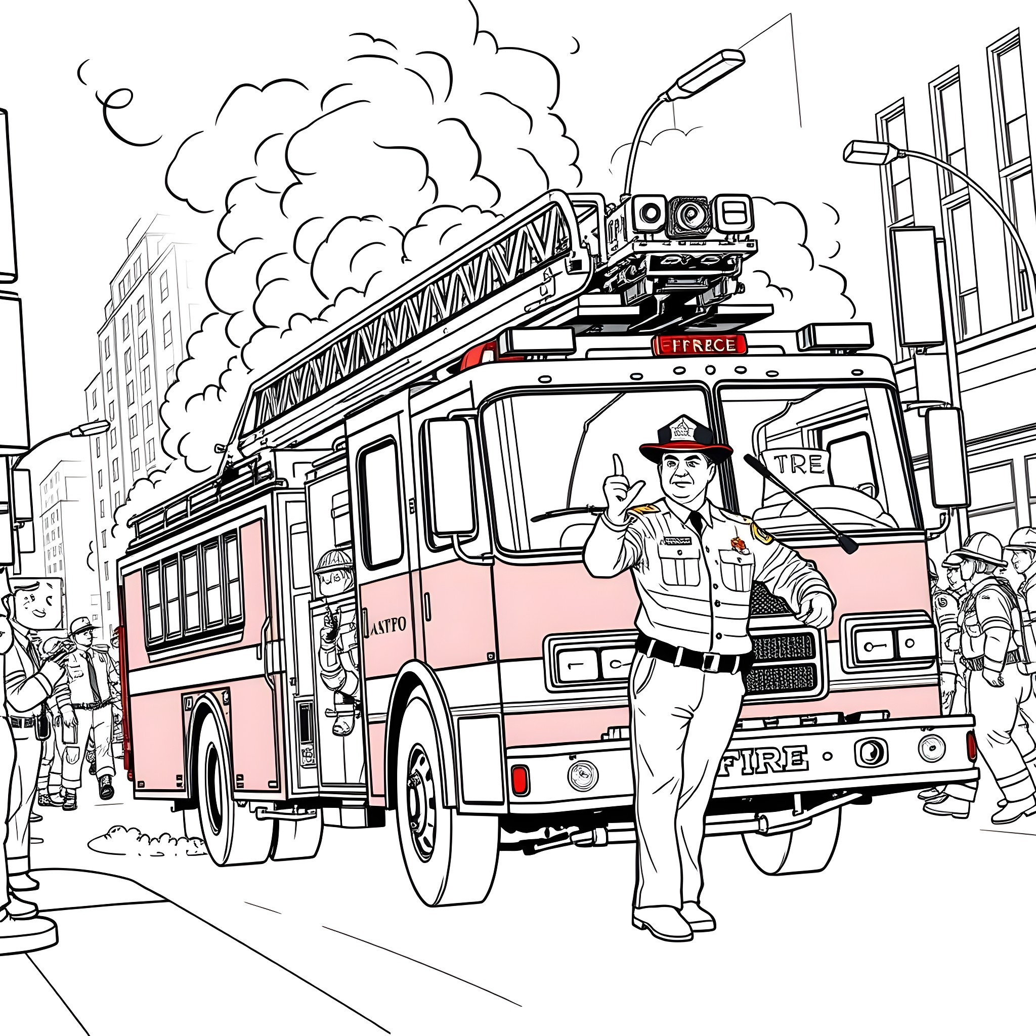 Fire Engine Responding to Emergency Call in the City Coloring Page (free black-and-white line drawing printable PDF for all, from beginners to advanced learners, including children, teens, adults, and seniors)
