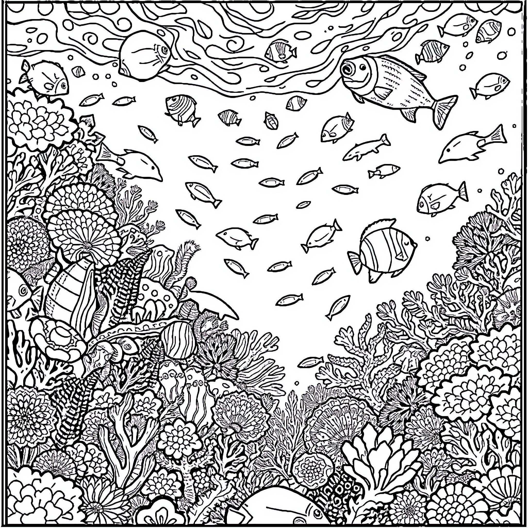 Sea of Vibrant Underwater Life Coloring Page (free black-and-white line drawing printable PDF for all, from beginners to advanced learners, including children, teens, adults, and seniors)