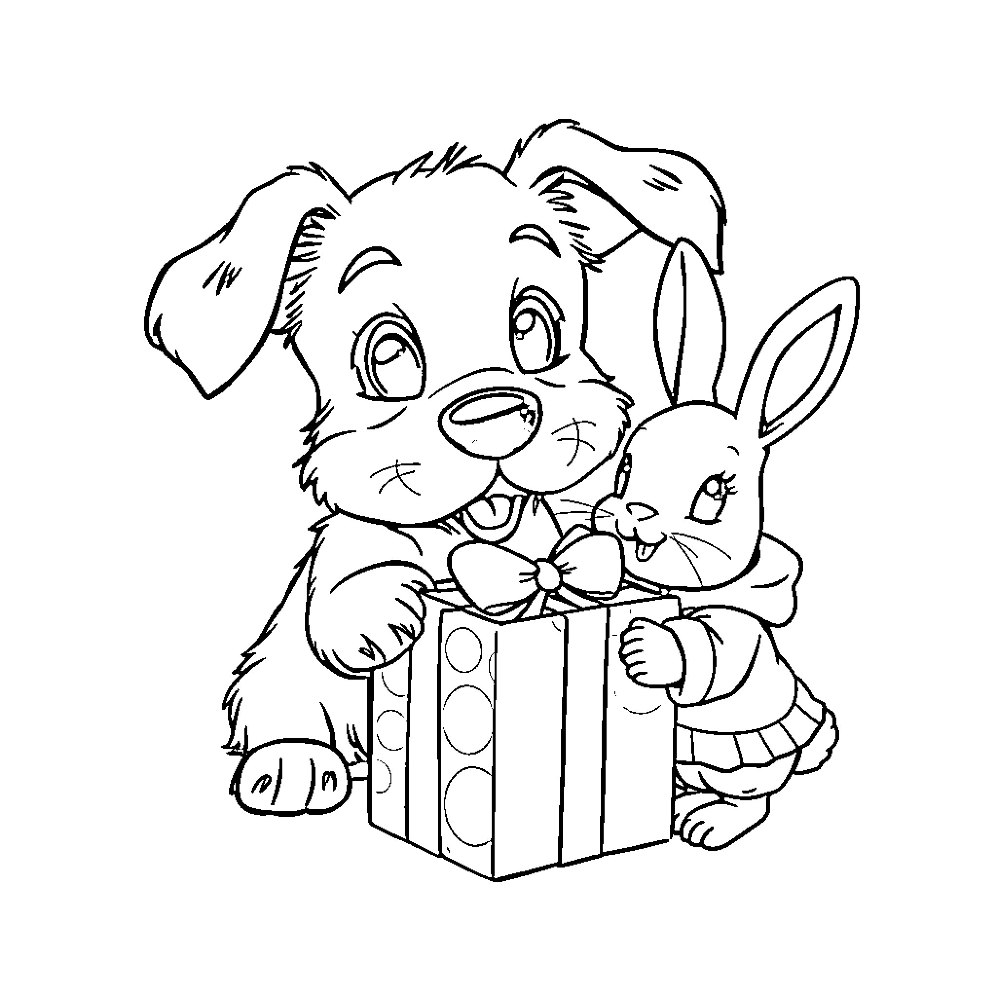 Puppy Playing with Bunny Friend in Gift Box Coloring Page (free black-and-white line drawing printable PDF for all, from beginners to advanced learners, including children, teens, adults, and seniors)