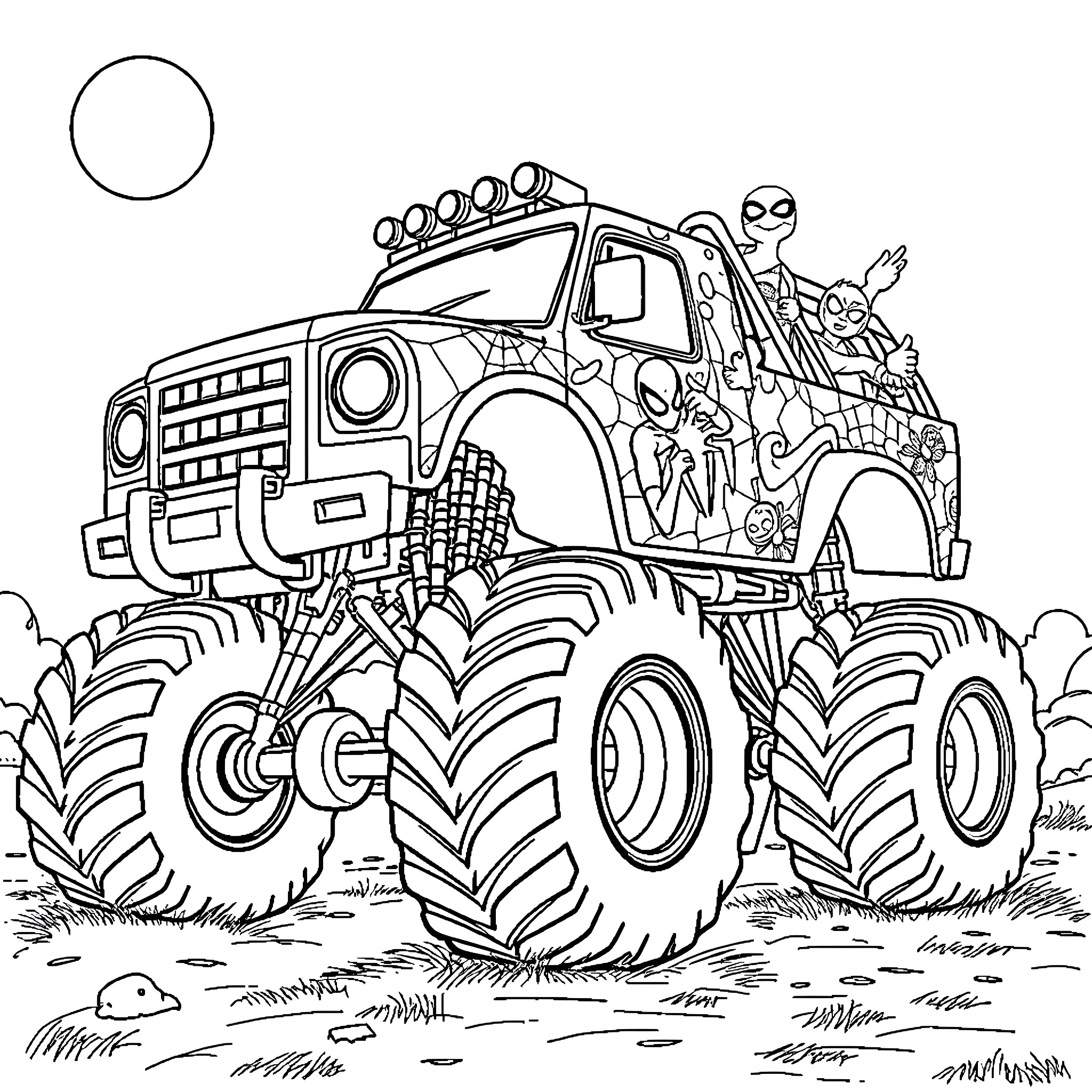 Monster Truck Filled with Adventurous Characters Coloring Page (free black-and-white line drawing printable PDF for all, from beginners to advanced learners, including children, teens, adults, and seniors)