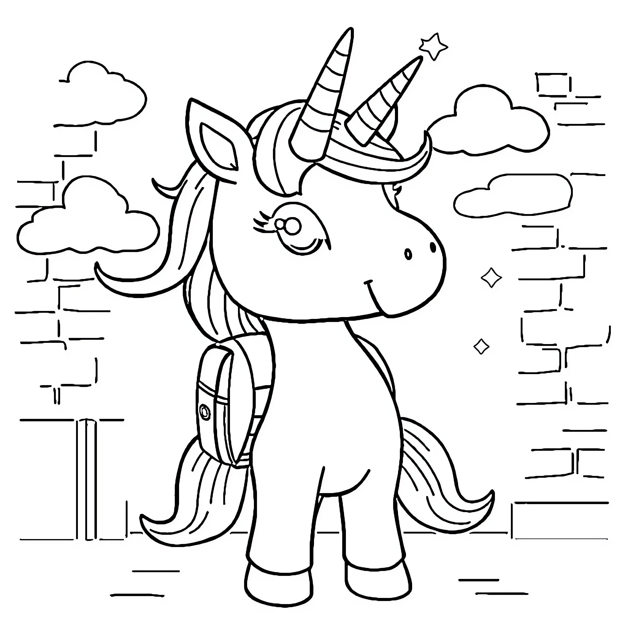 Unicorn playing joyfully in a whimsical landscape Coloring Page (free black-and-white line drawing printable PDF for all, from beginners to advanced learners, including children, teens, adults, and seniors)