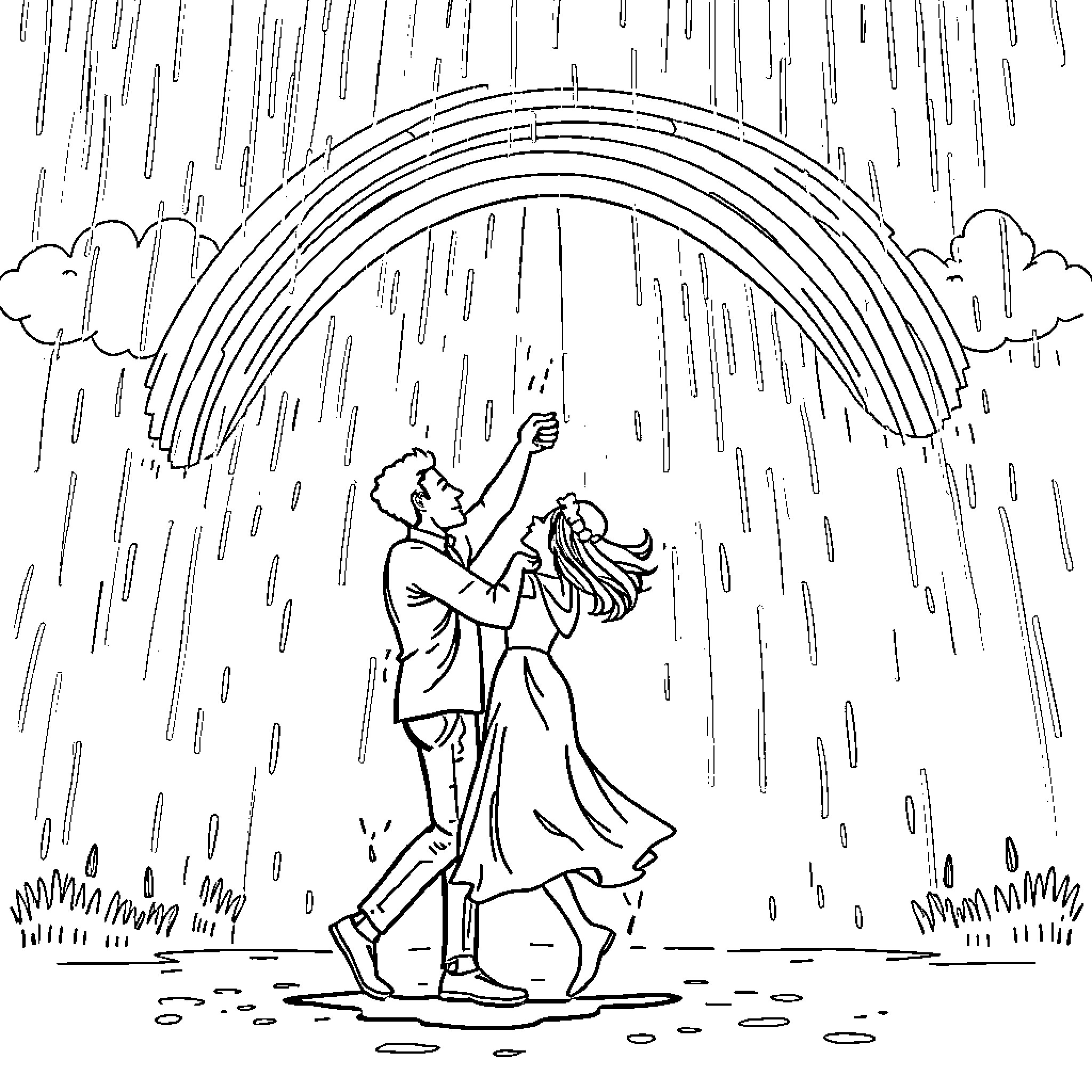 Couple embracing under a rainy rainbow Coloring Page (free black-and-white line drawing printable PDF for all, from beginners to advanced learners, including children, teens, adults, and seniors)