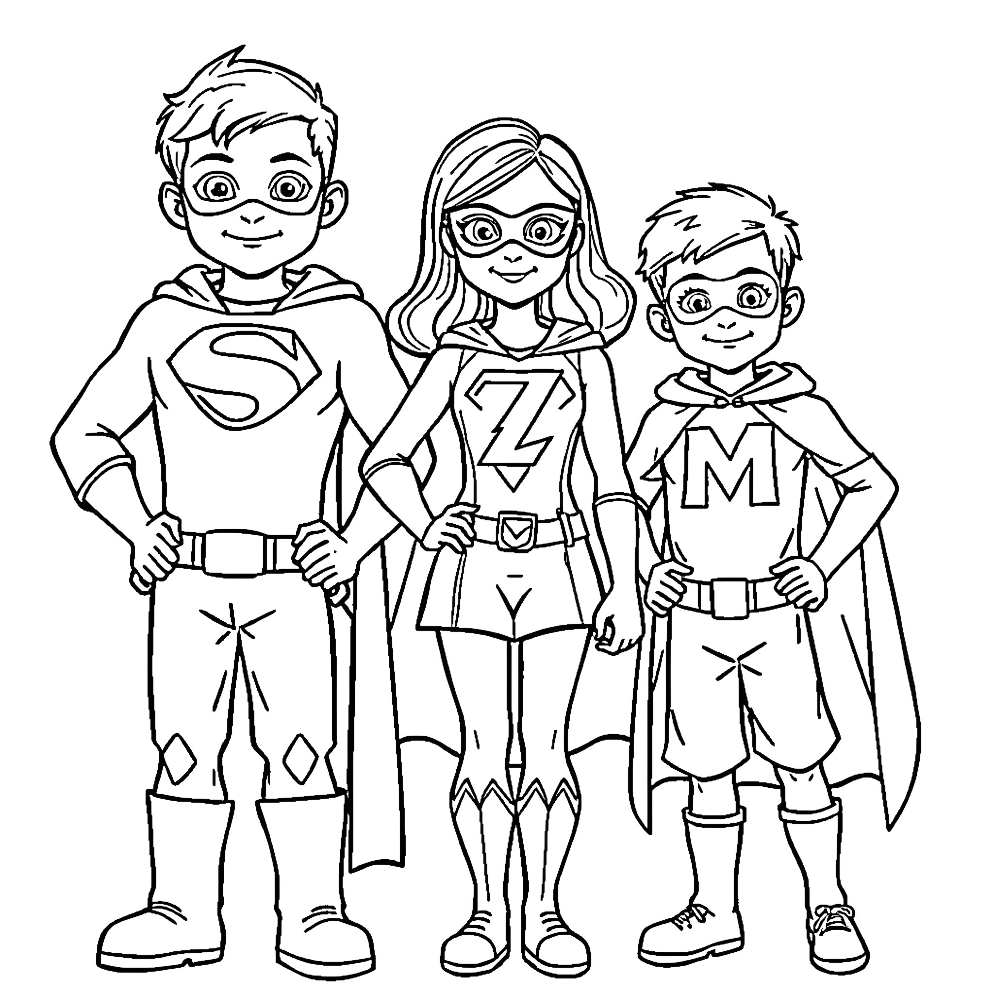 Superhero Family Posing Together in Costumes Coloring Page (free black-and-white line drawing printable PDF for all, from beginners to advanced learners, including children, teens, adults, and seniors)