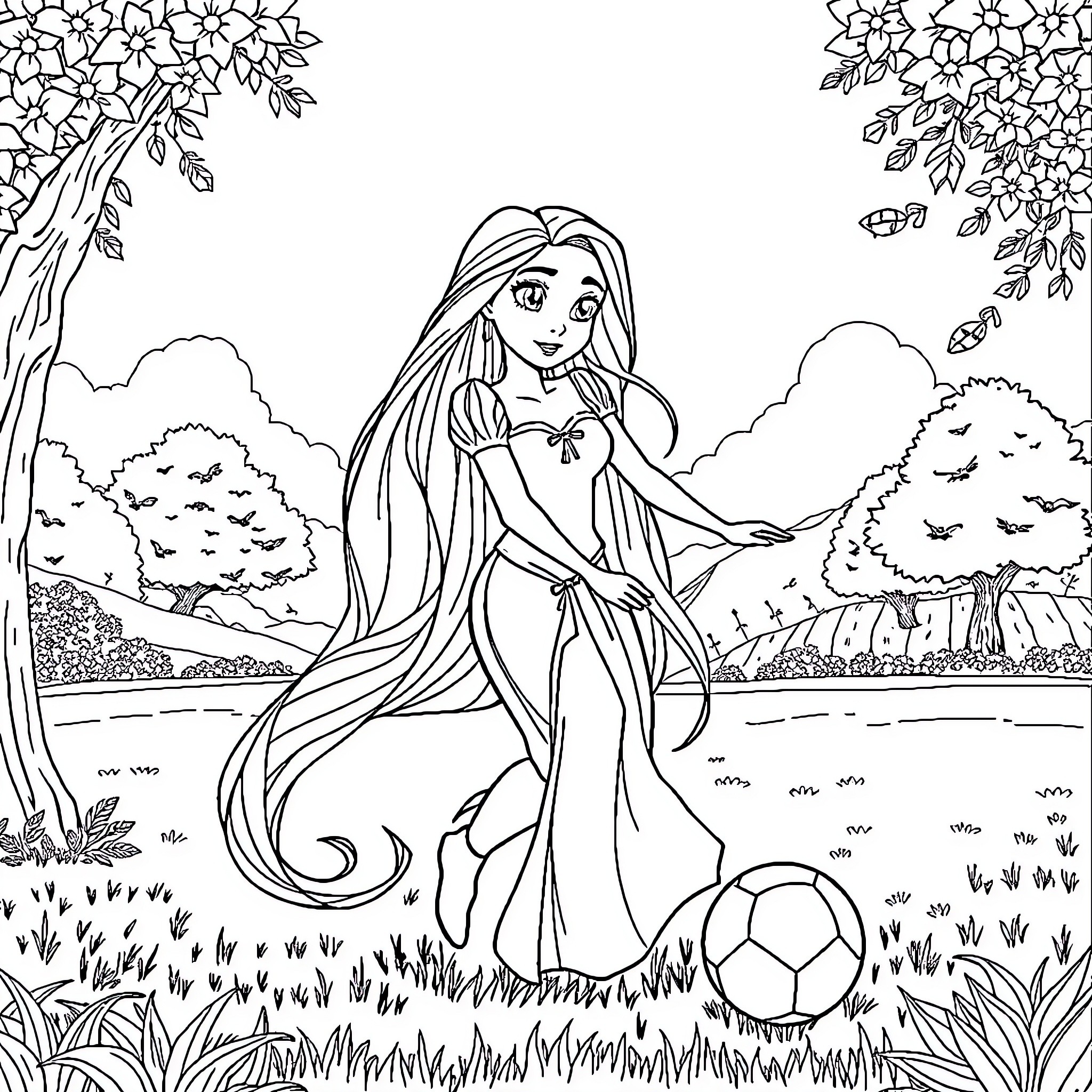 Rapunzel playing with a soccer ball in the meadow Coloring Page (free black-and-white line drawing printable PDF for all, from beginners to advanced learners, including children, teens, adults, and seniors)