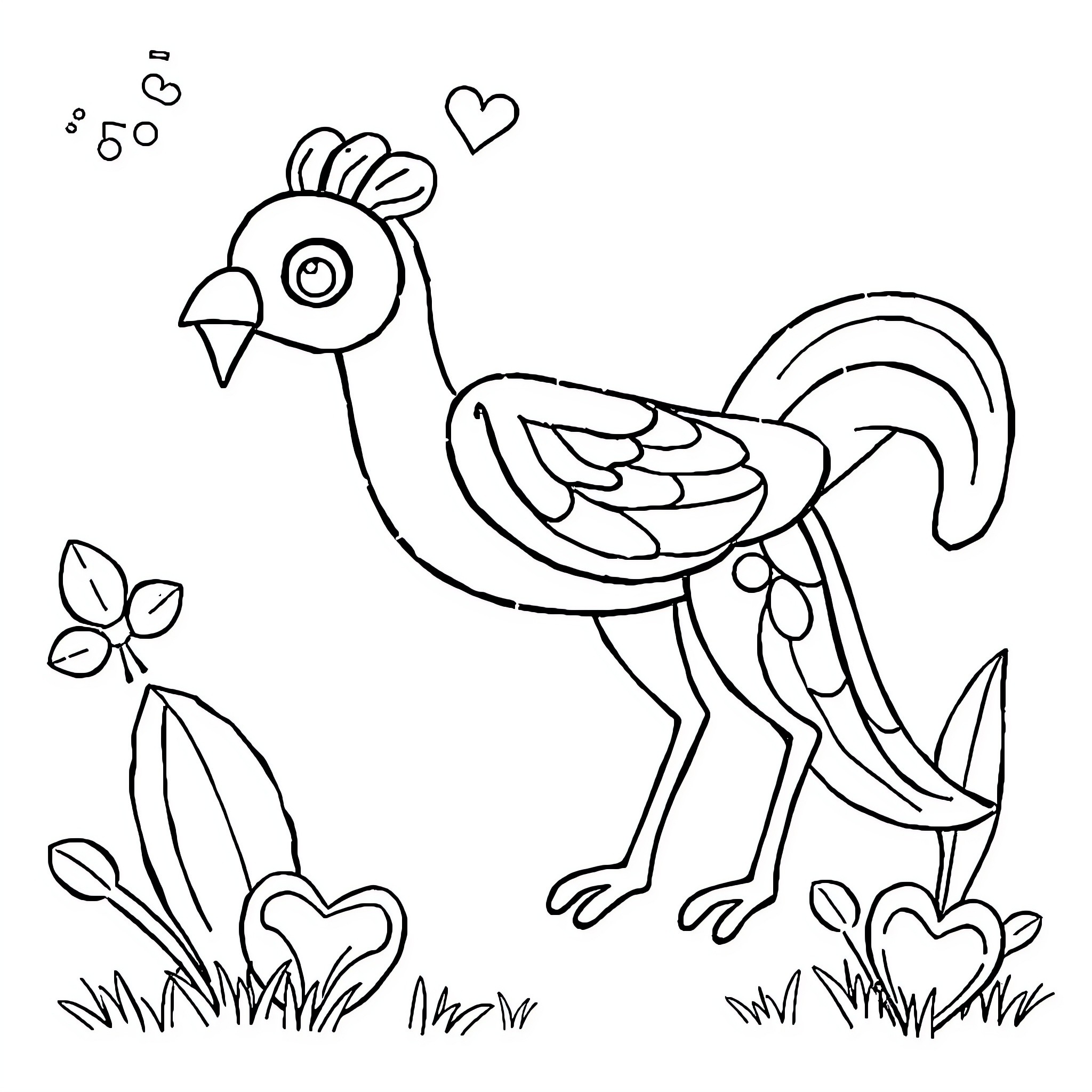 Drawing of a quirky rooster in nature Coloring Page (free black-and-white line drawing printable PDF for all, from beginners to advanced learners, including children, teens, adults, and seniors)