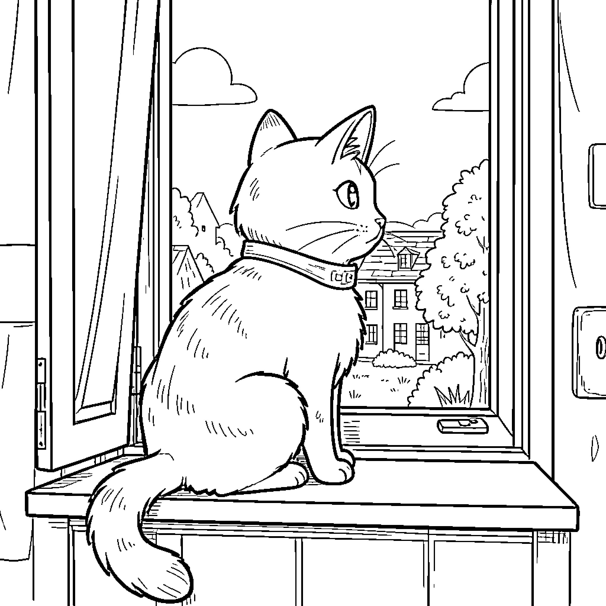 Cucullera Cat sitting on a windowsill looking outside Coloring Page (free black-and-white line drawing printable PDF for all, from beginners to advanced learners, including children, teens, adults, and seniors)