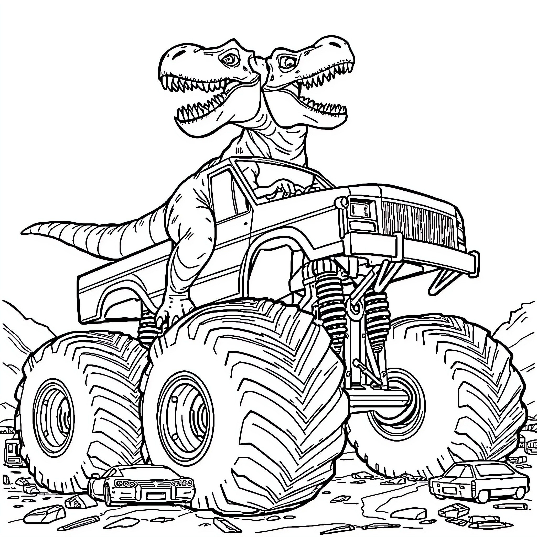 Dinosaur driving a monster truck on rocky terrain Coloring Page (free black-and-white line drawing printable PDF for all, from beginners to advanced learners, including children, teens, adults, and seniors)
