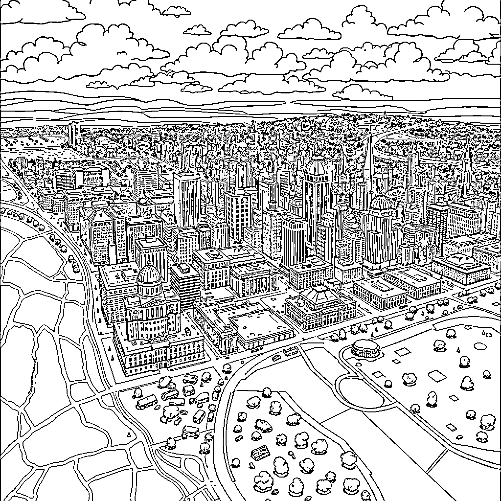 City Map of Bustling Urban Landscape Coloring Page (free black-and-white line drawing printable PDF for all, from beginners to advanced learners, including children, teens, adults, and seniors)
