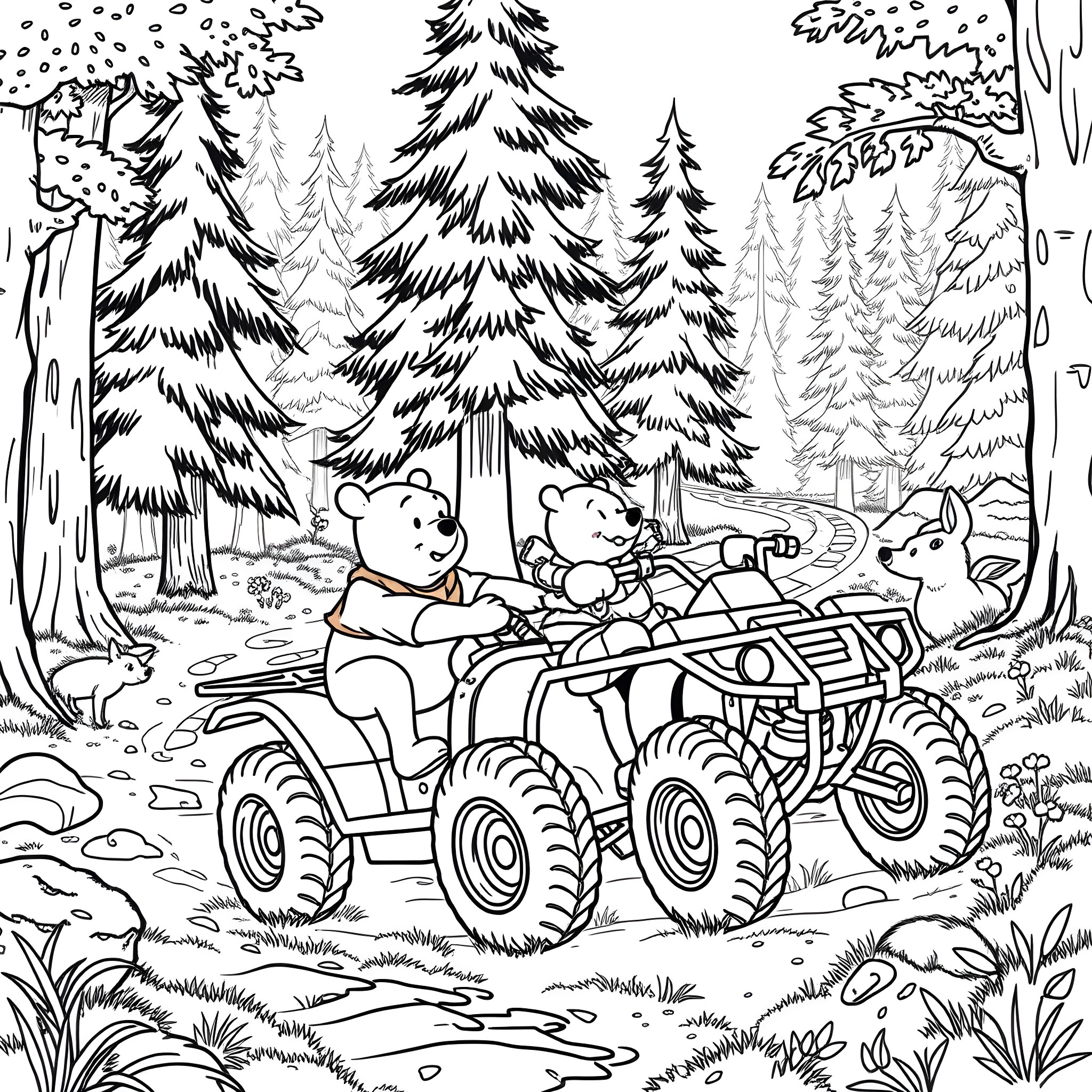 Winnie The Pooh and Friends Exploring the Forest on an ATV Coloring Page (free black-and-white line drawing printable PDF for all, from beginners to advanced learners, including children, teens, adults, and seniors)