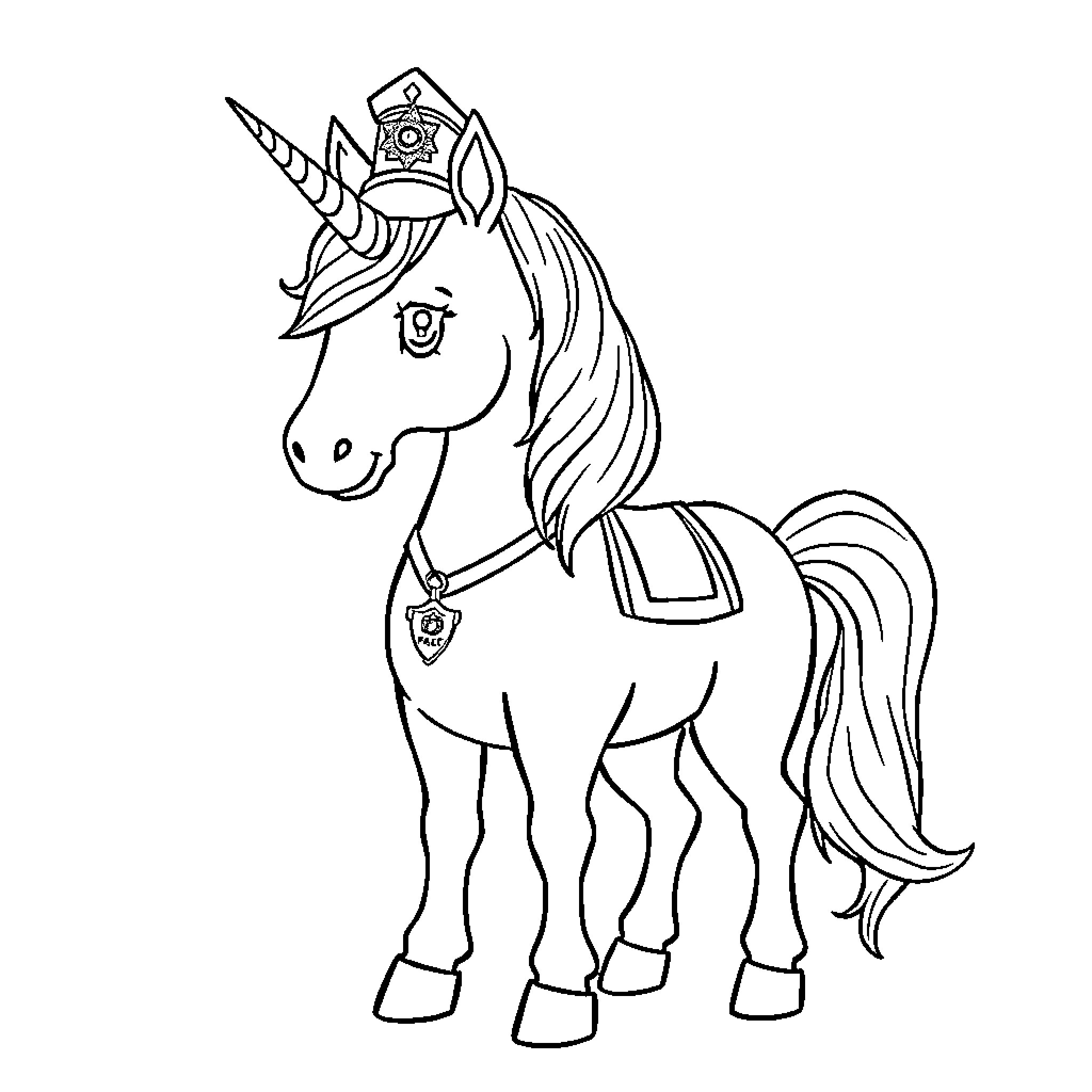 Unicorn Officer Equipped with Accessories Coloring Page (free black-and-white line drawing printable PDF for all, from beginners to advanced learners, including children, teens, adults, and seniors)