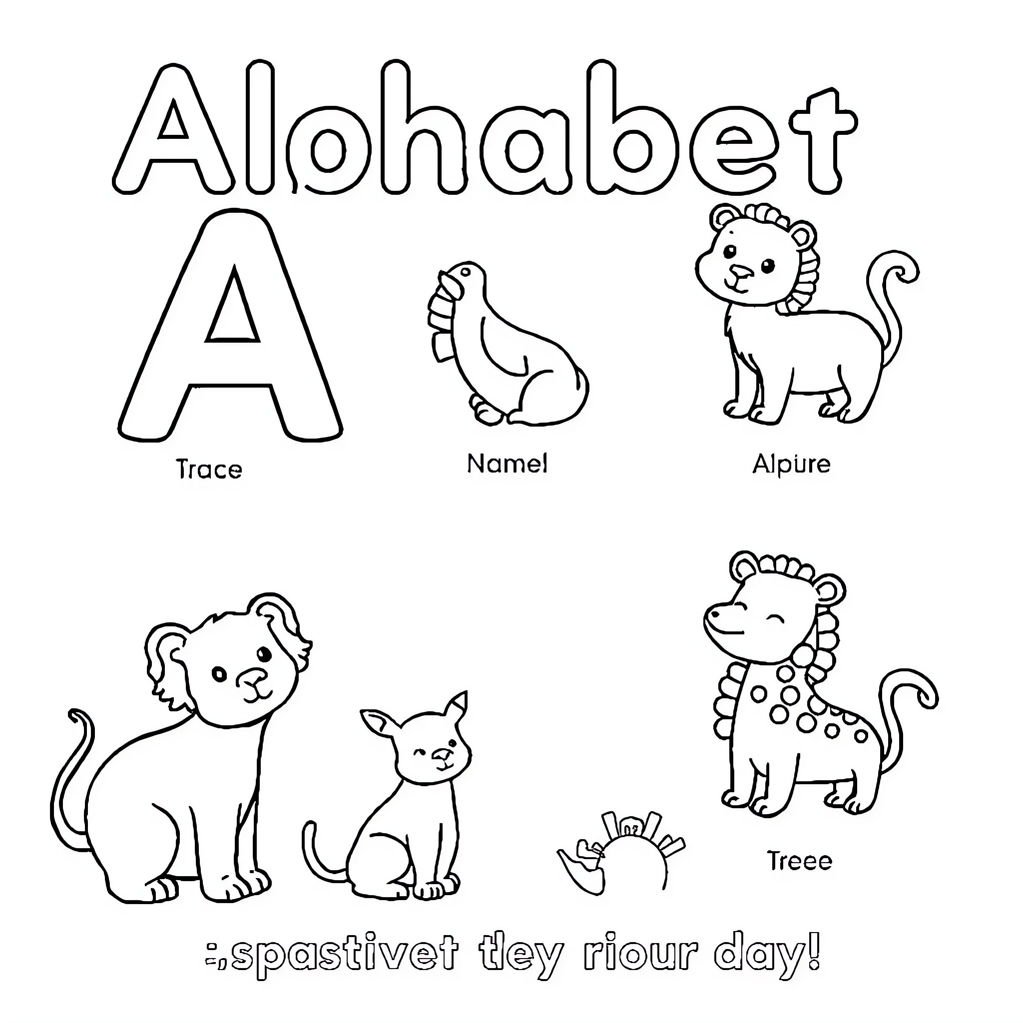 Alphabet Animals Posing Playfully Coloring Page (free black-and-white line drawing printable PDF for all, from beginners to advanced learners, including children, teens, adults, and seniors)