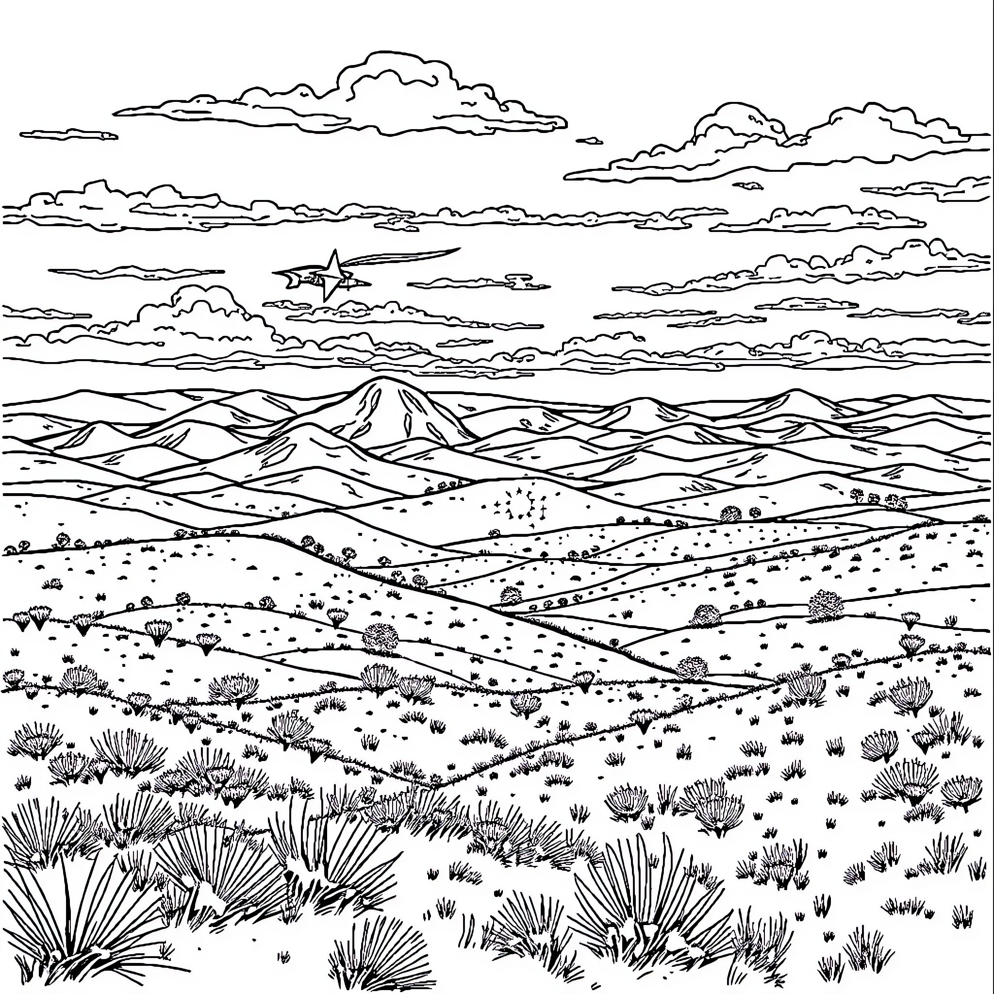 Texas landscape with mountains and cloudy sky Coloring Page (free black-and-white line drawing printable PDF for all, from beginners to advanced learners, including children, teens, adults, and seniors)