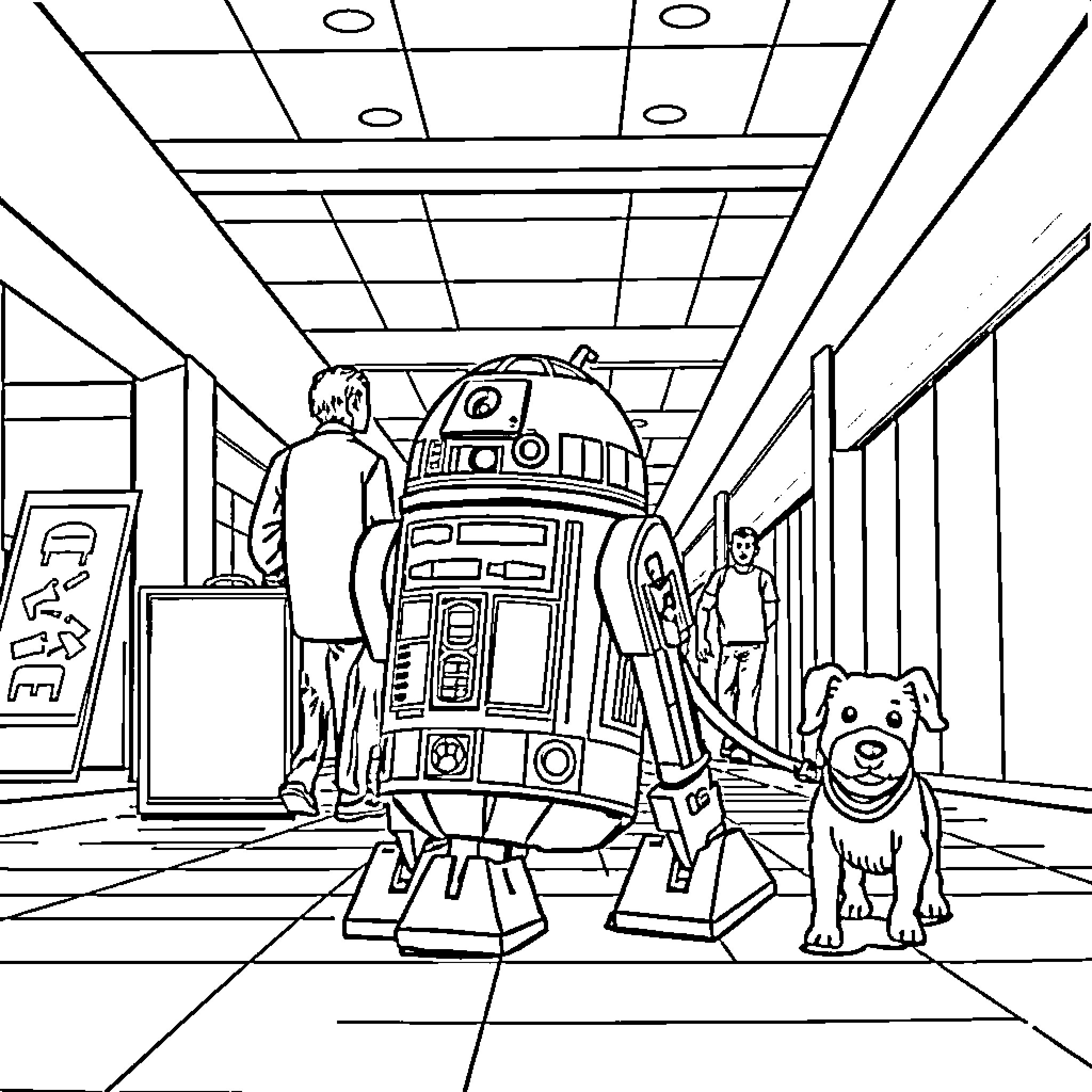 R2D2 Assisting Humans and Pets in a Futuristic Setting Coloring Page (free black-and-white line drawing printable PDF for all, from beginners to advanced learners, including children, teens, adults, and seniors)