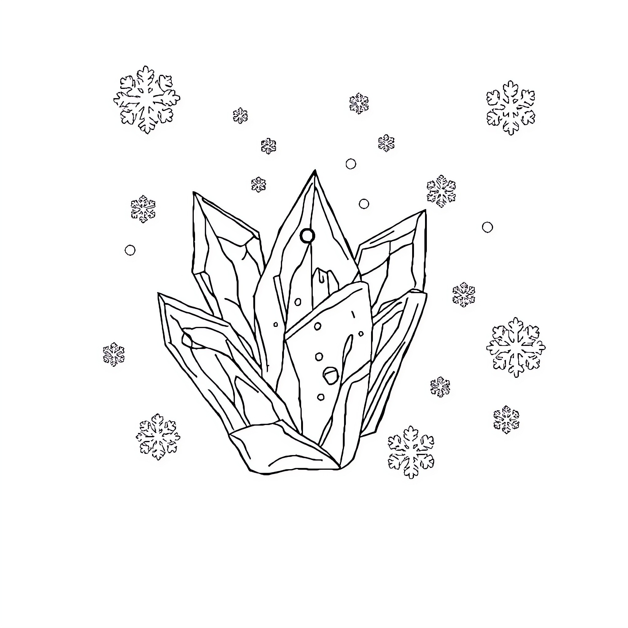 Frozen magical crystal formations with snowflakes Coloring Page (free black-and-white line drawing printable PDF for all, from beginners to advanced learners, including children, teens, adults, and seniors)