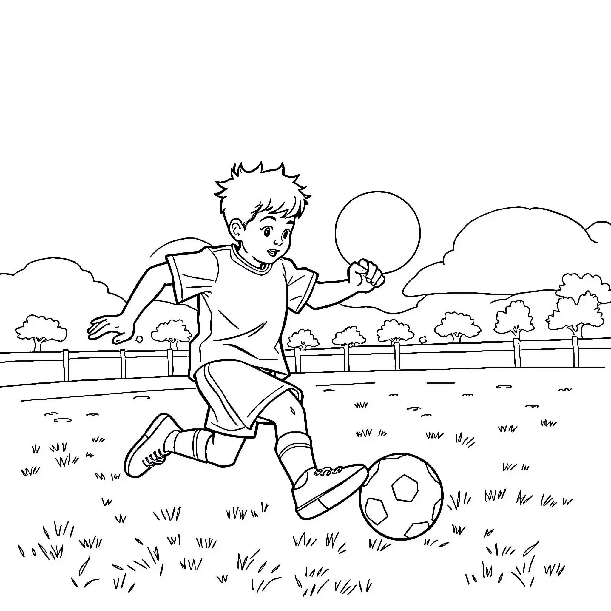 Potter playing joyfully with soccer ball in field Coloring Page (free black-and-white line drawing printable PDF for all, from beginners to advanced learners, including children, teens, adults, and seniors)