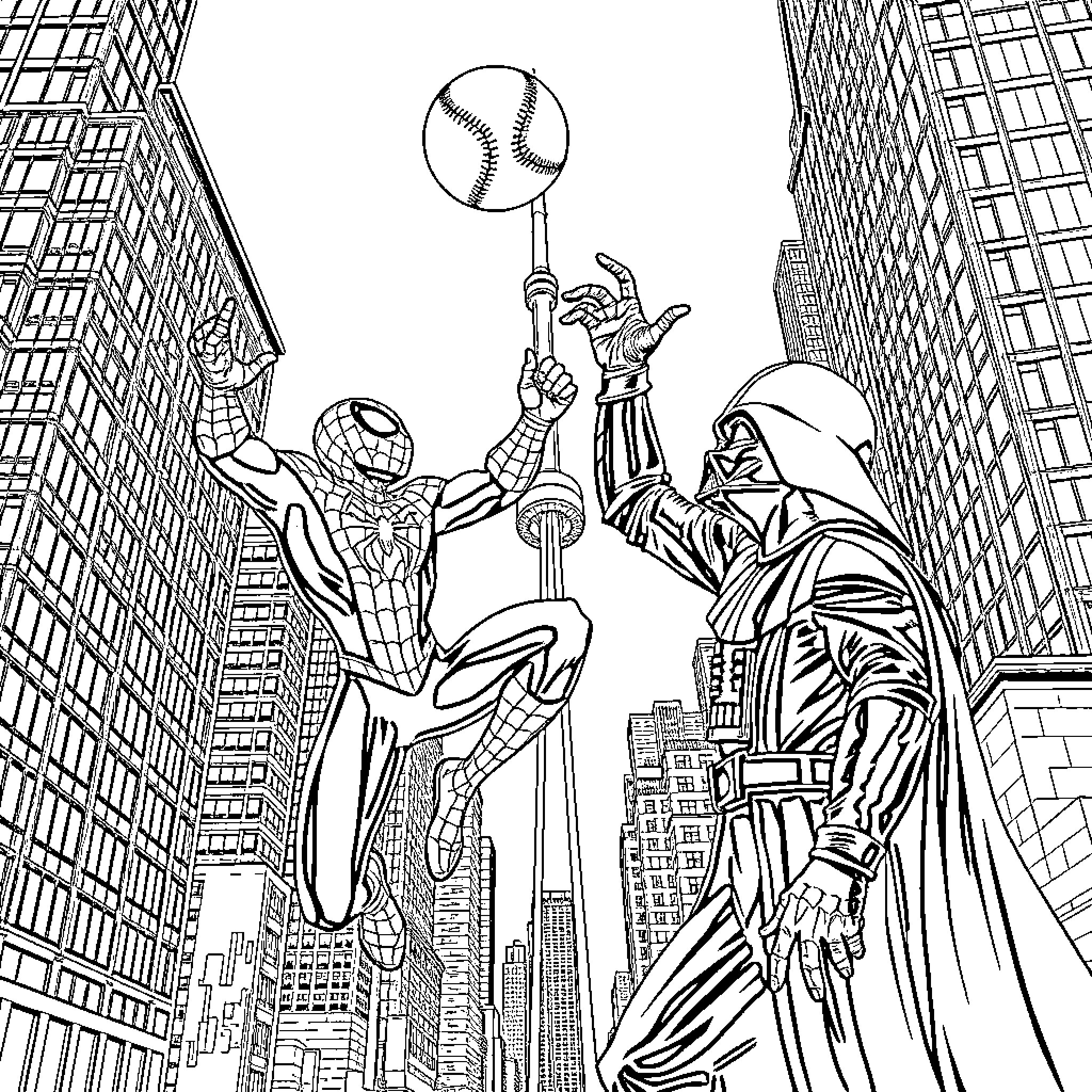 Spiderman battling a villainous foe in the city Coloring Page (free black-and-white line drawing printable PDF for all, from beginners to advanced learners, including children, teens, adults, and seniors)