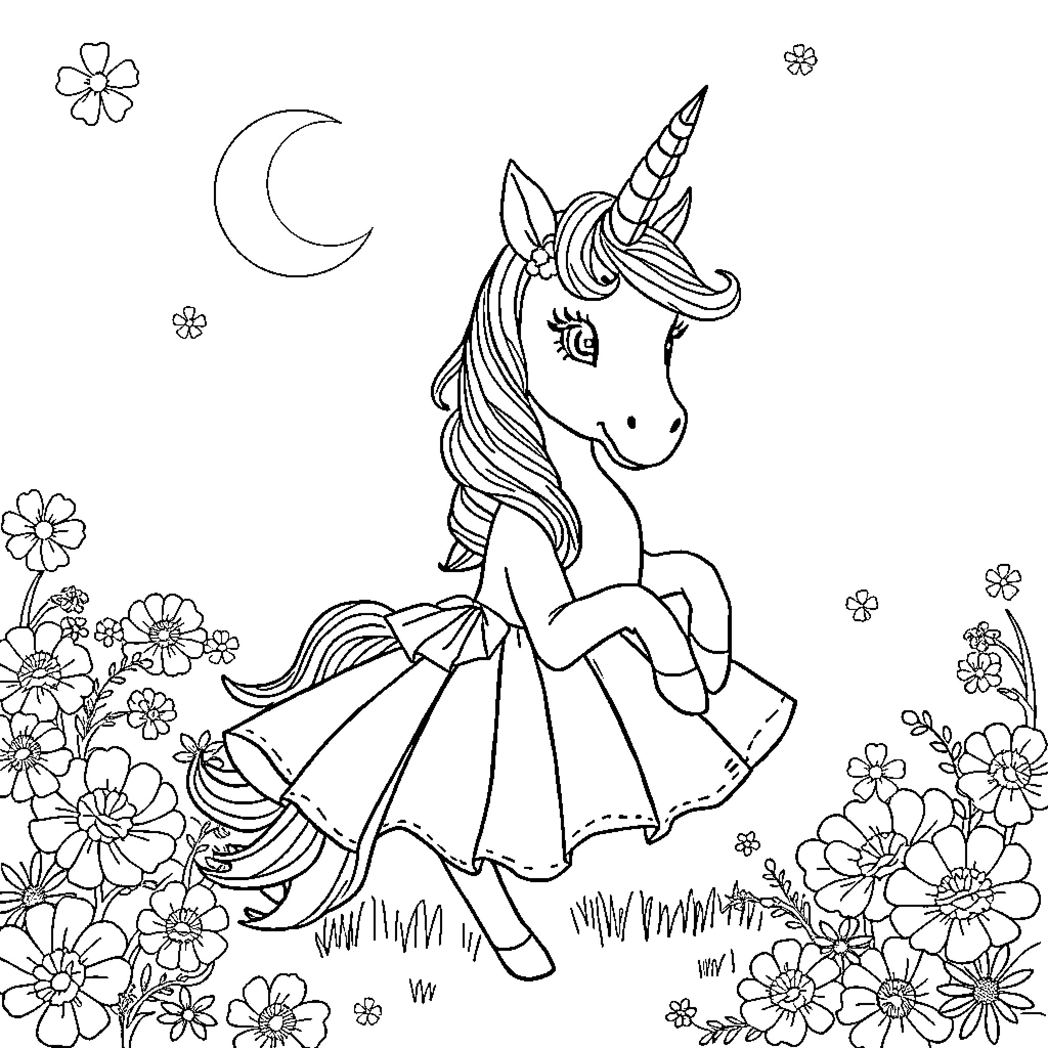 Unicorn dancing gracefully in a floral meadow Coloring Page (free black-and-white line drawing printable PDF for all, from beginners to advanced learners, including children, teens, adults, and seniors)