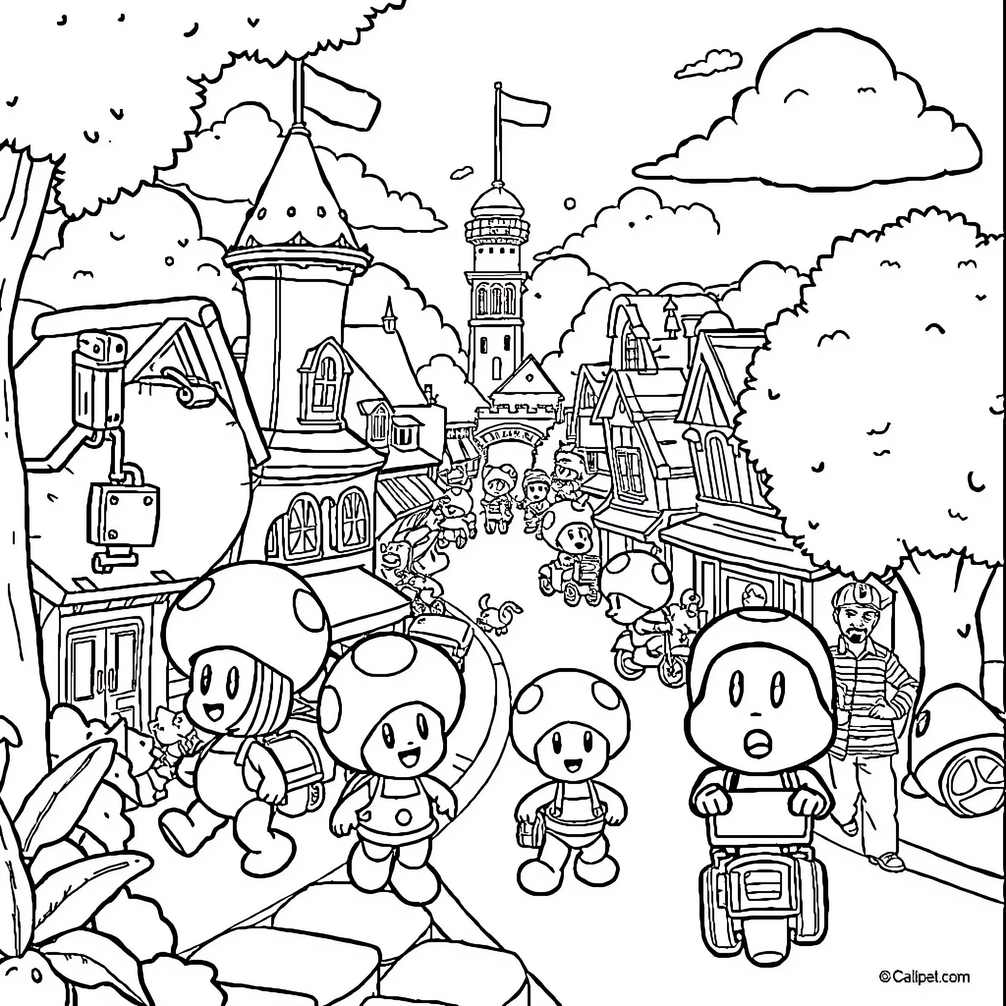 Toad characters exploring fantastical town Coloring Page (free black-and-white line drawing printable PDF for all, from beginners to advanced learners, including children, teens, adults, and seniors)