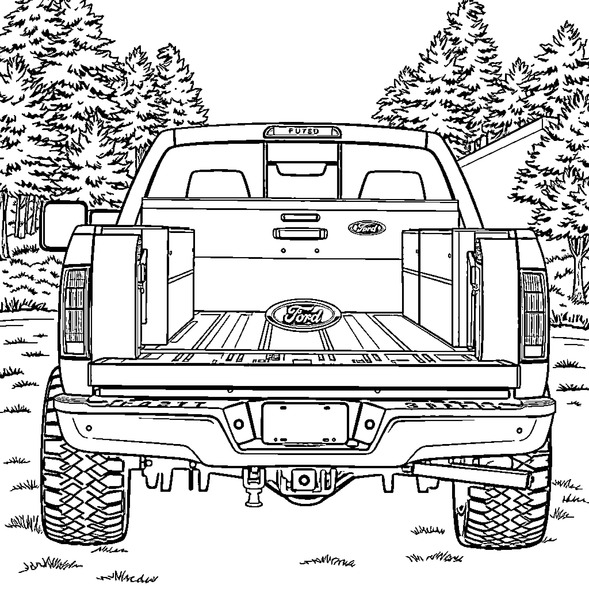 F250 Truck in Snowy Forest Landscape Coloring Page (free black-and-white line drawing printable PDF for all, from beginners to advanced learners, including children, teens, adults, and seniors)