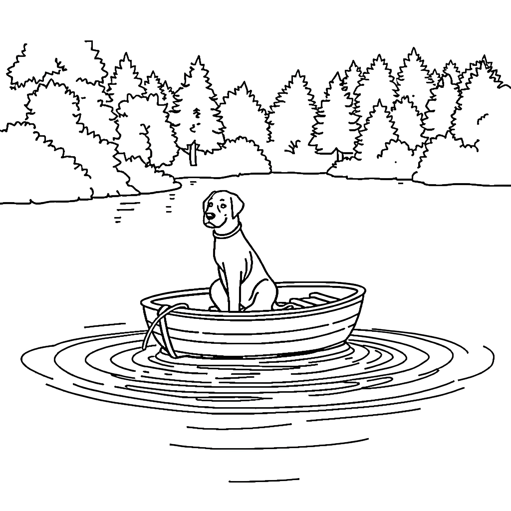 Dog relaxing in a tranquil pond Coloring Page (free black-and-white line drawing printable PDF for all, from beginners to advanced learners, including children, teens, adults, and seniors)
