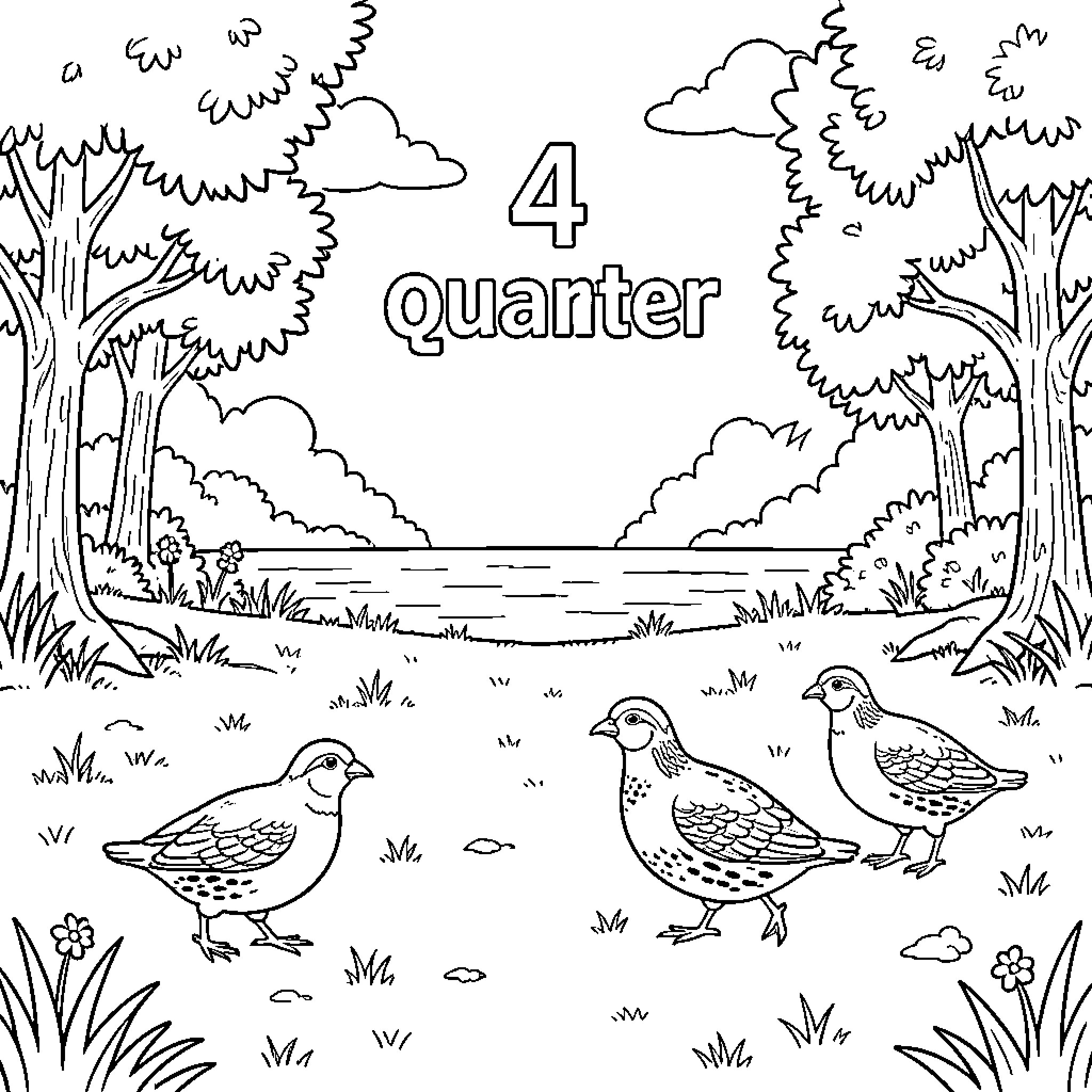 Quail family in the forest Coloring Page (free black-and-white line drawing printable PDF for all, from beginners to advanced learners, including children, teens, adults, and seniors)