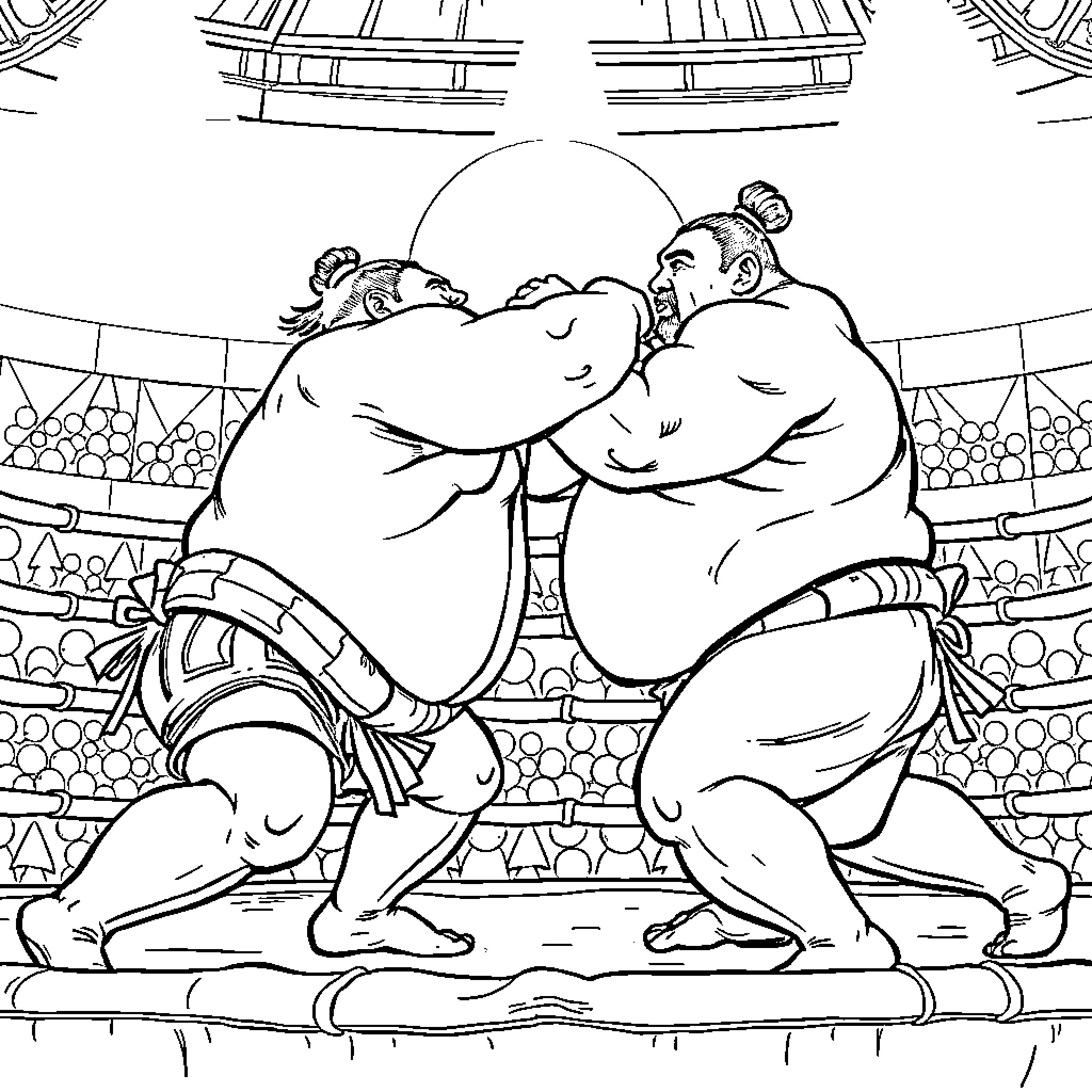 Sumo wrestlers engaged in a fierce match Coloring Page (free black-and-white line drawing printable PDF for all, from beginners to advanced learners, including children, teens, adults, and seniors)