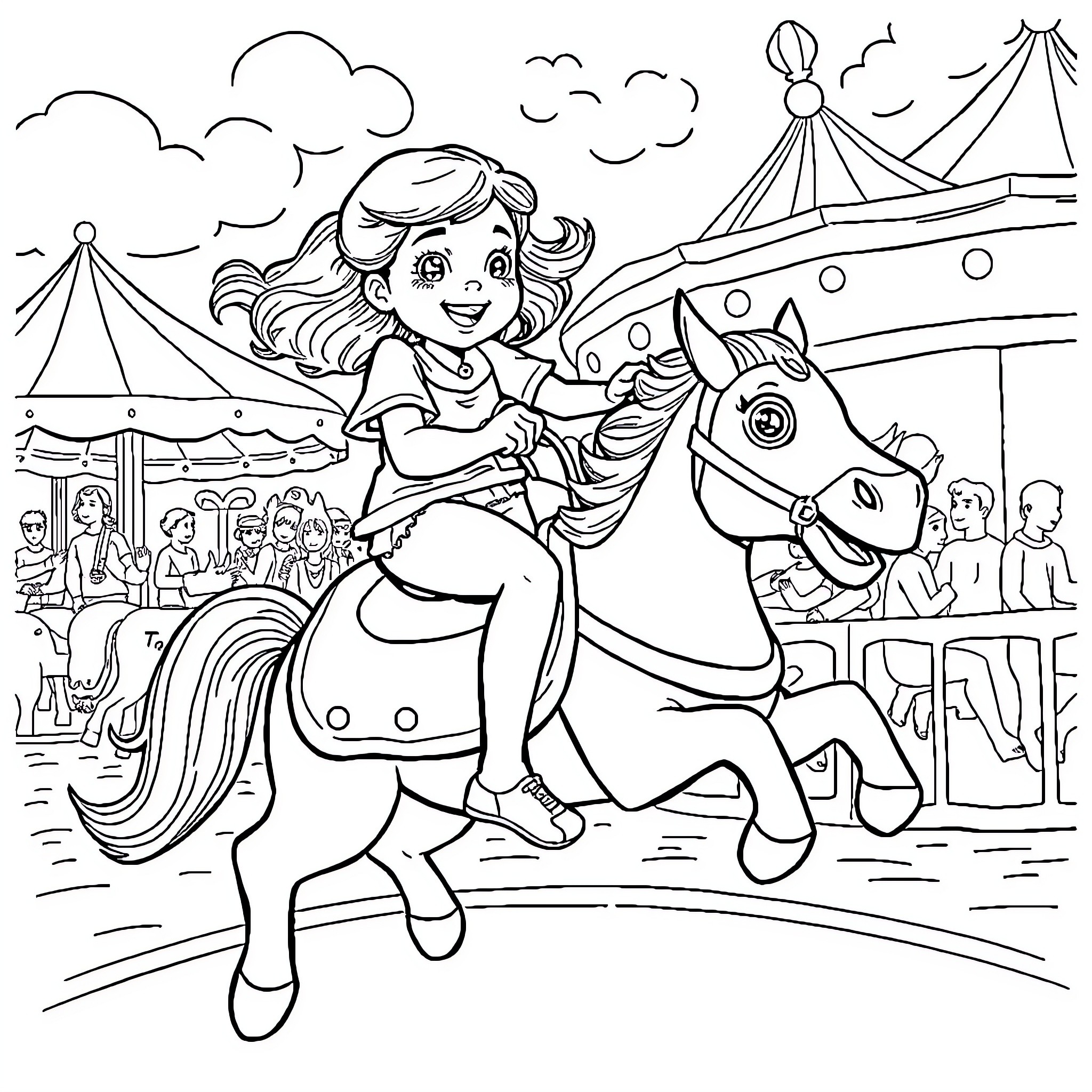 Girl riding horse at the carnival Coloring Page (free black-and-white line drawing printable PDF for all, from beginners to advanced learners, including children, teens, adults, and seniors)