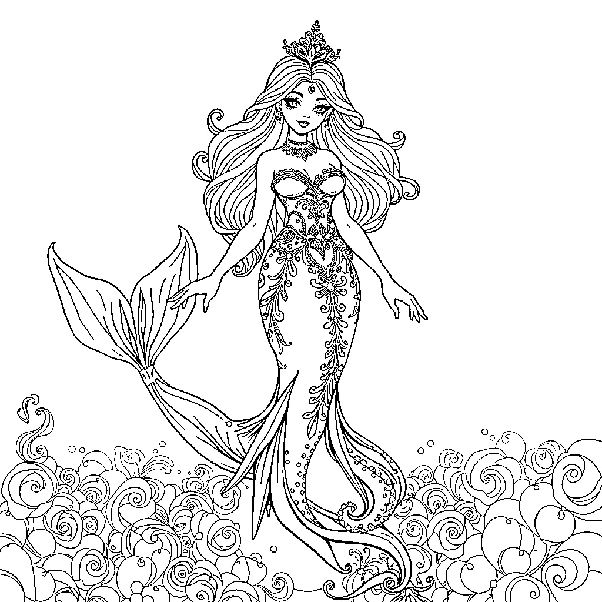 Vampire Mermaid enchantress emerging from the depths Coloring Page (free black-and-white line drawing printable PDF for all, from beginners to advanced learners, including children, teens, adults, and seniors)