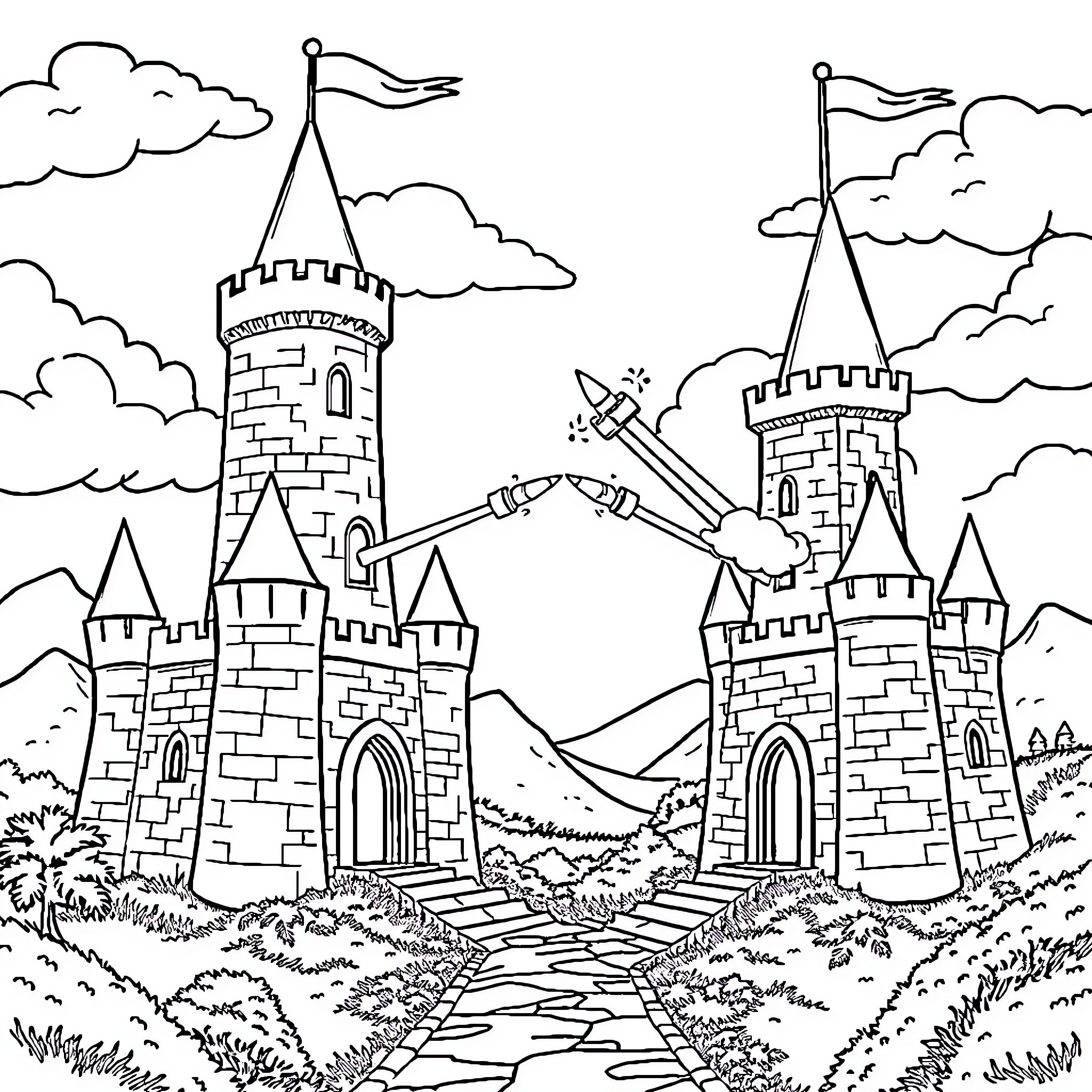 Castle towers with knights dueling in the clouds Coloring Page (free black-and-white line drawing printable PDF for all, from beginners to advanced learners, including children, teens, adults, and seniors)