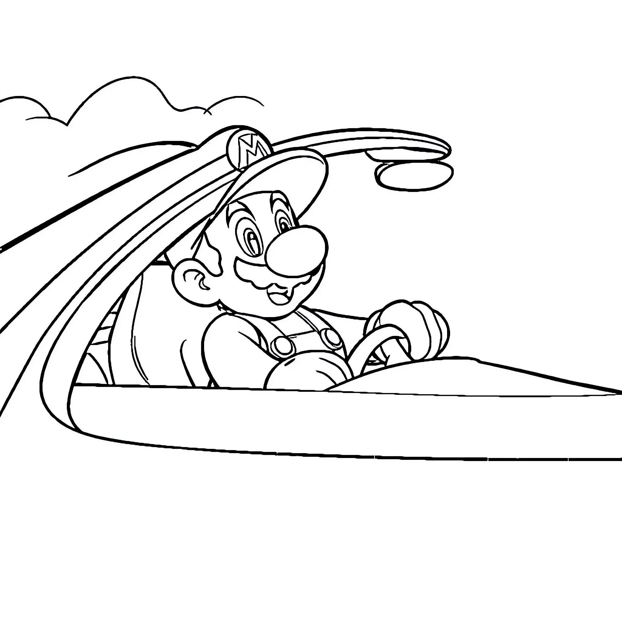 Super Mario riding a high-speed boat Coloring Page (free black-and-white line drawing printable PDF for all, from beginners to advanced learners, including children, teens, adults, and seniors)