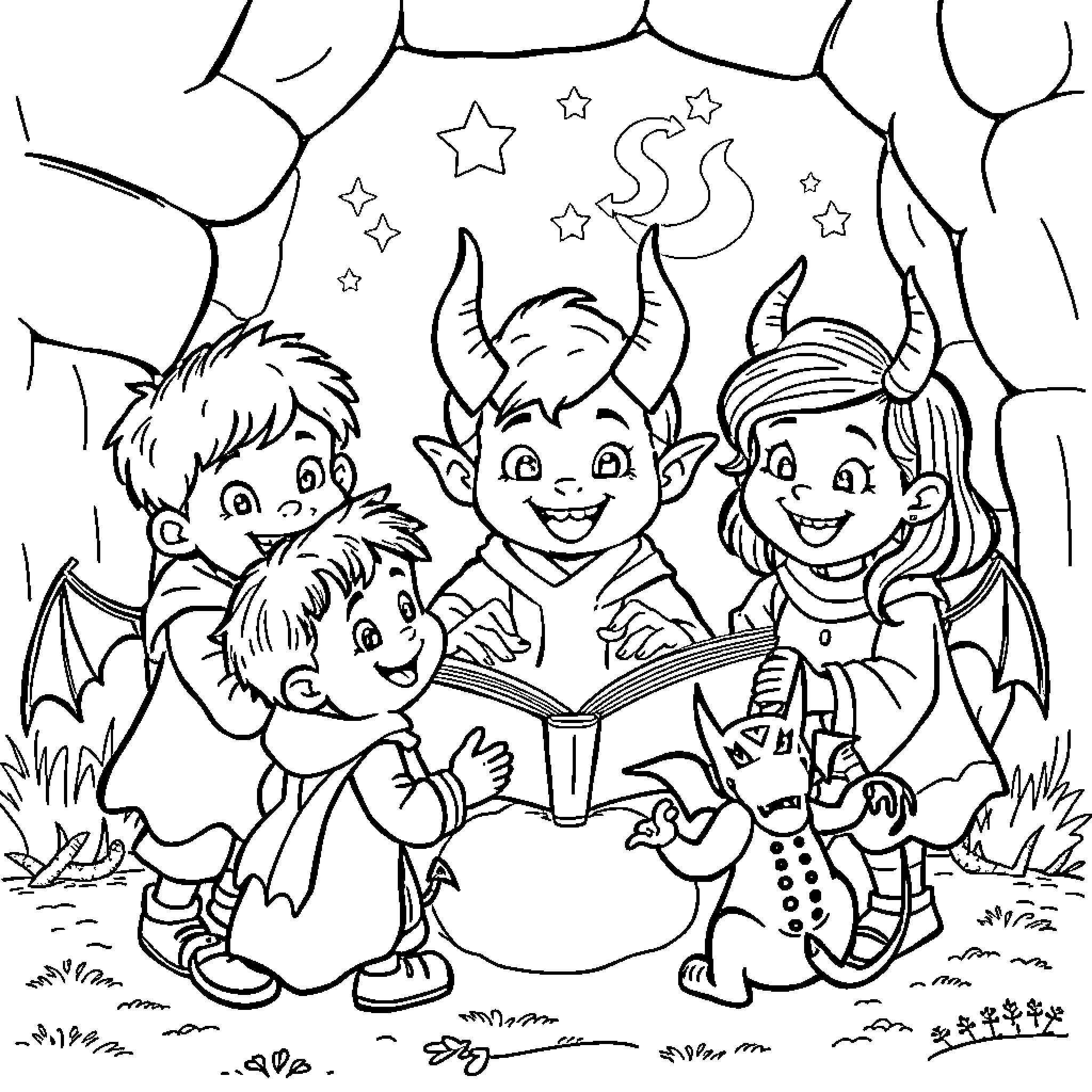 Child Reading Storybook with Friends Coloring Page (free black-and-white line drawing printable PDF for all, from beginners to advanced learners, including children, teens, adults, and seniors)