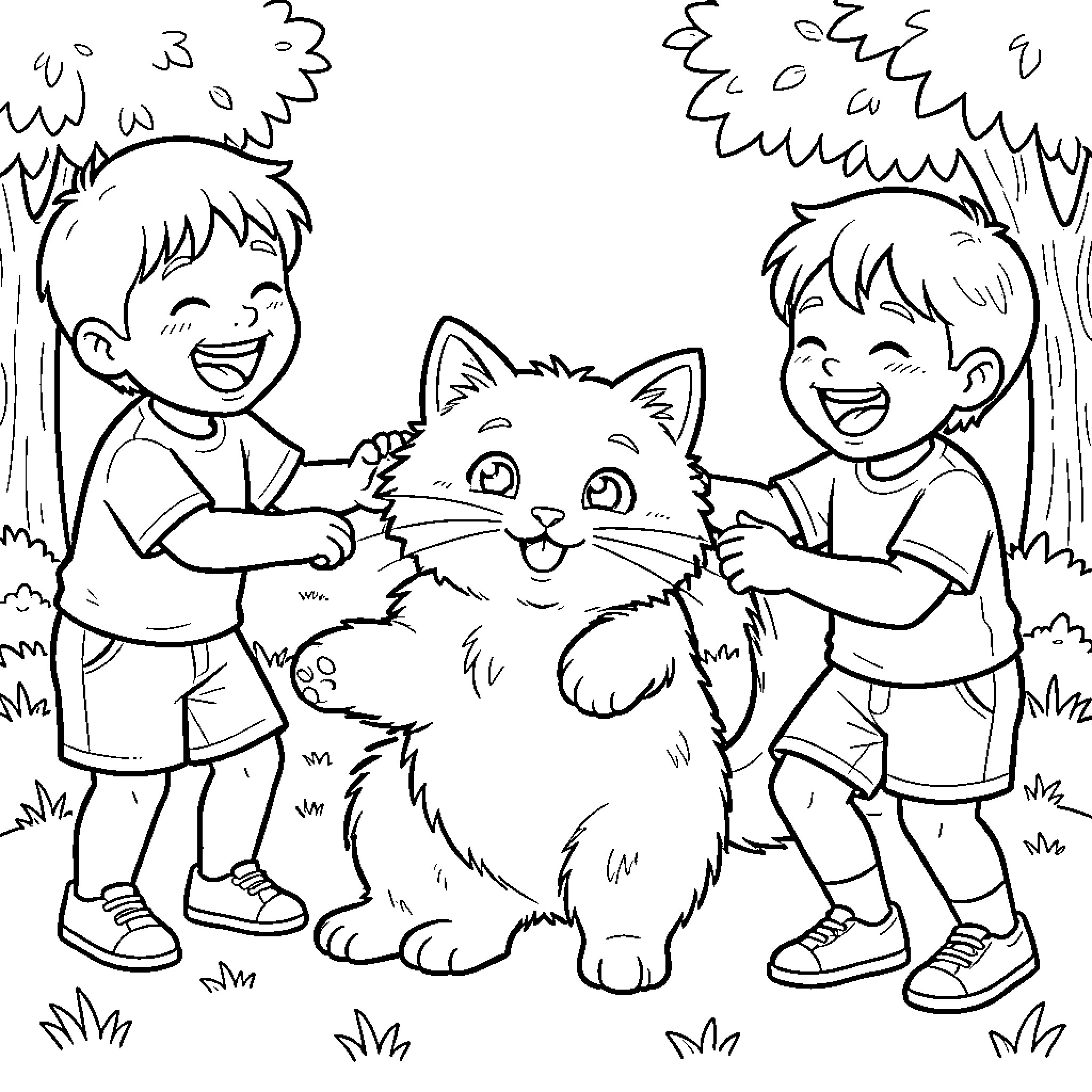 Cat surrounded by happy children playing Coloring Page (free black-and-white line drawing printable PDF for all, from beginners to advanced learners, including children, teens, adults, and seniors)