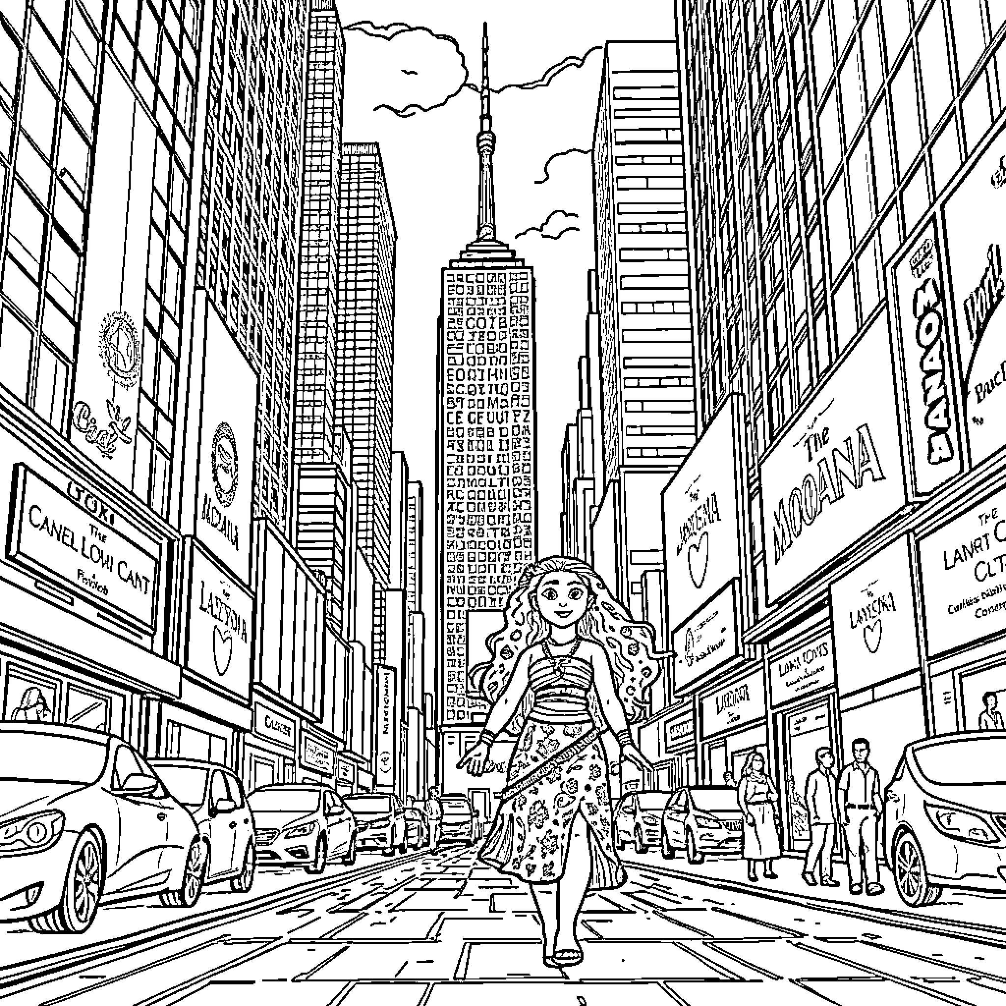 Moana exploring the bustling city streets of New York Coloring Page (free black-and-white line drawing printable PDF for all, from beginners to advanced learners, including children, teens, adults, and seniors)