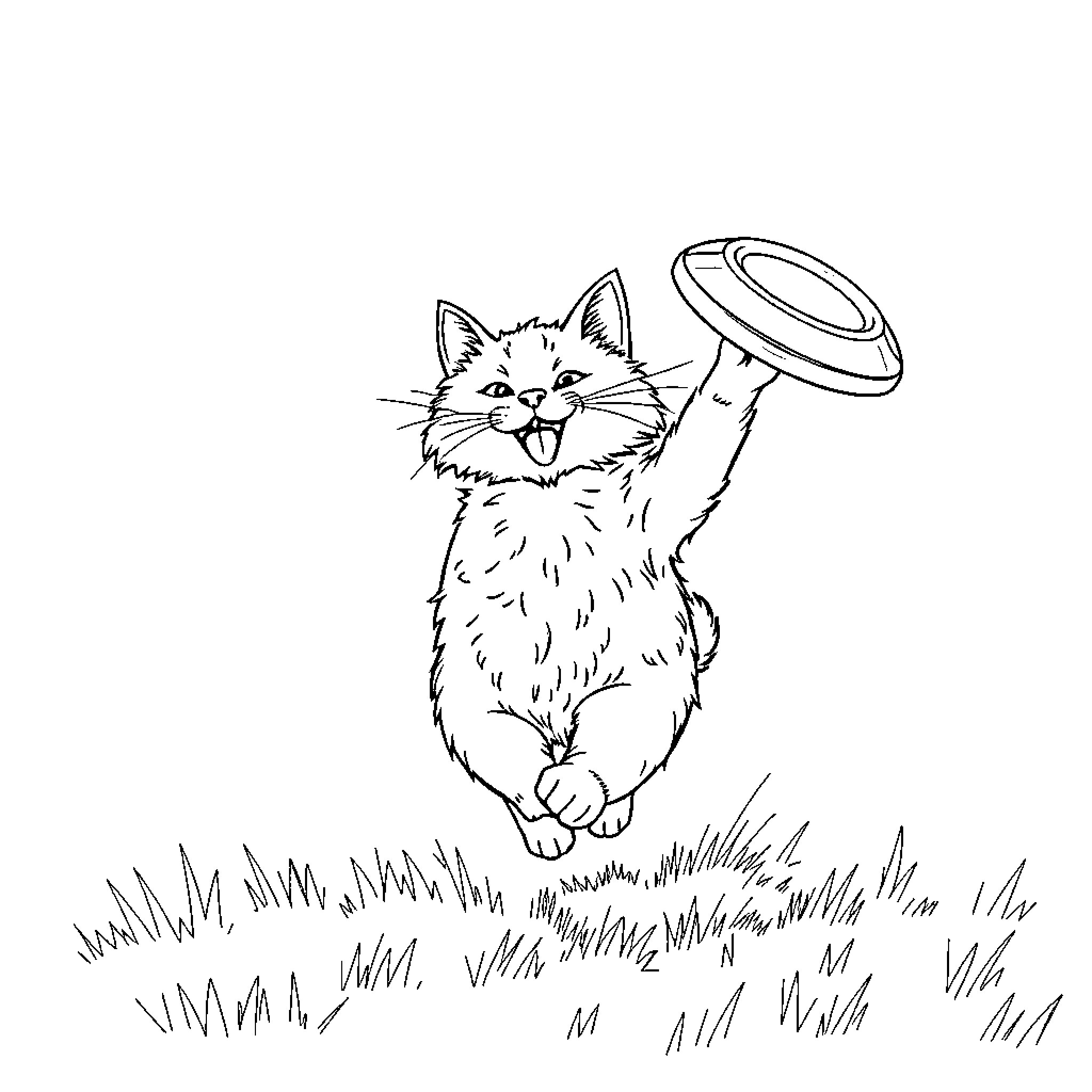 Cat chasing playful toy in grassy field Coloring Page (free black-and-white line drawing printable PDF for all, from beginners to advanced learners, including children, teens, adults, and seniors)