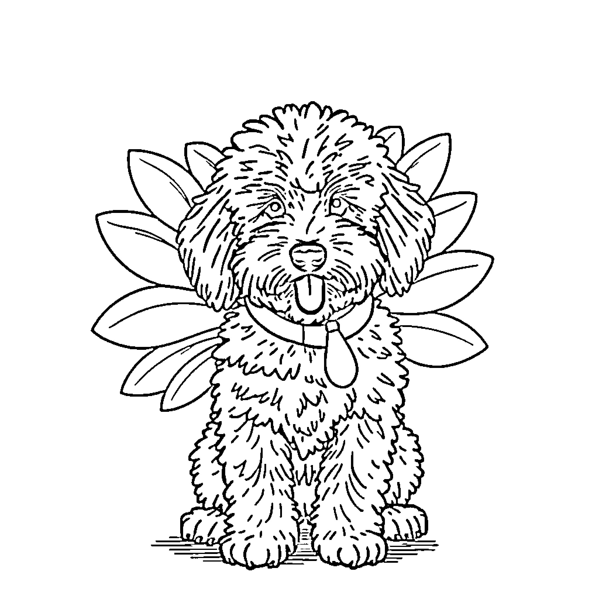 Labradoodle sitting with floral decoration Coloring Page (free black-and-white line drawing printable PDF for all, from beginners to advanced learners, including children, teens, adults, and seniors)