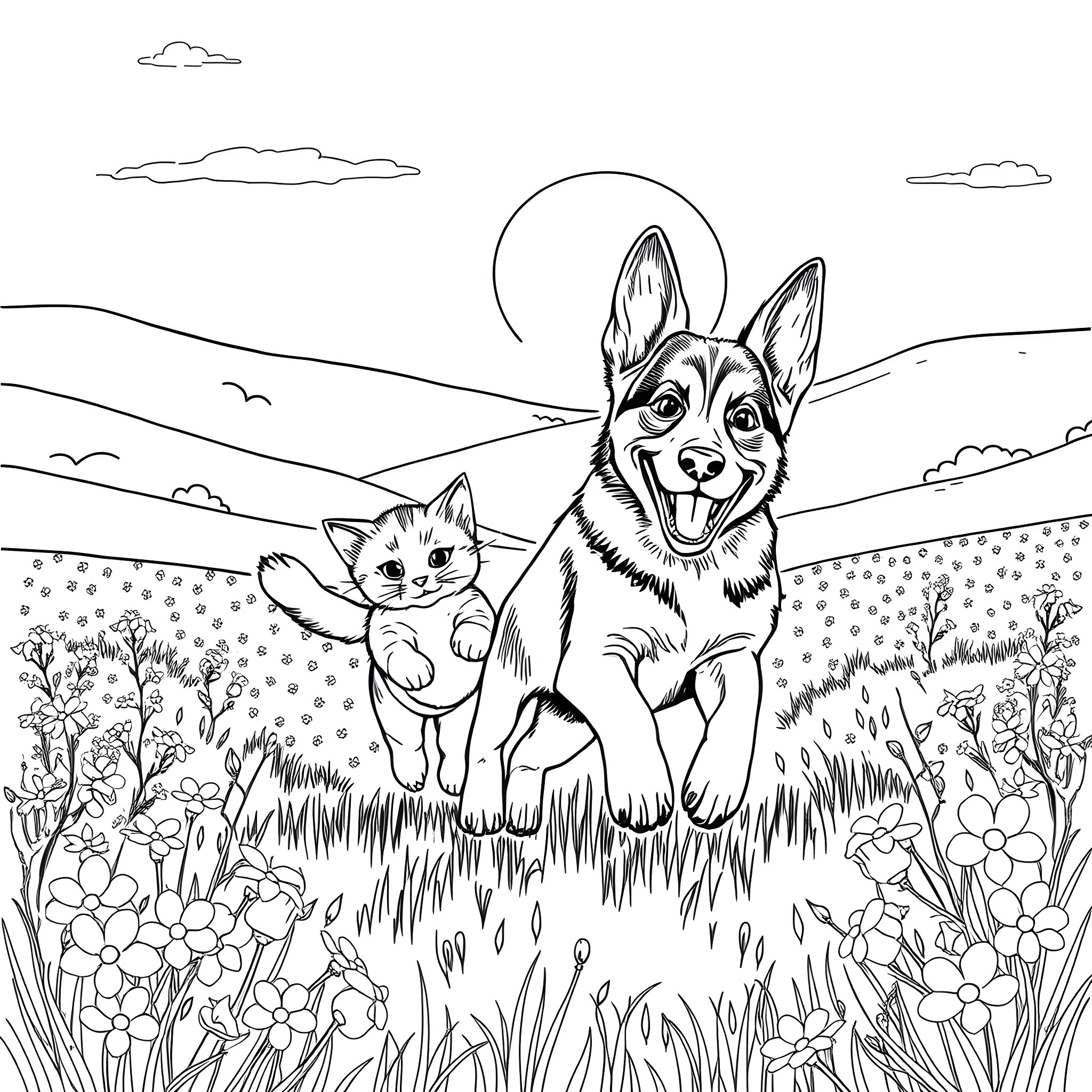 Dog and cat playing together in a flower field Coloring Page (free black-and-white line drawing printable PDF for all, from beginners to advanced learners, including children, teens, adults, and seniors)