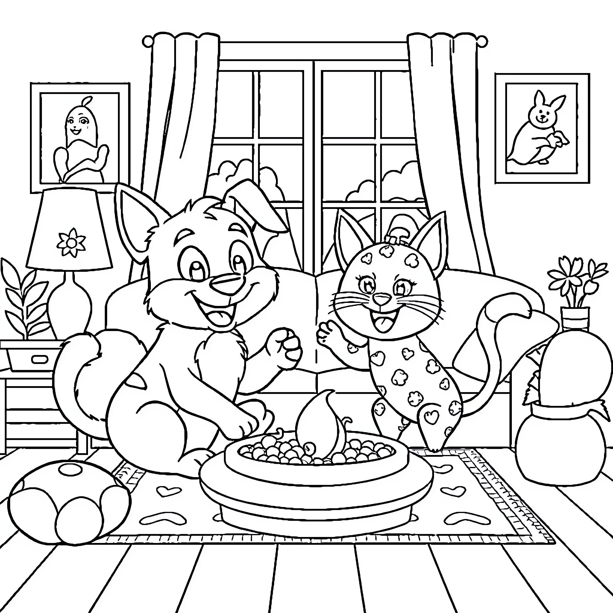 Bluey and Friends Enjoying a Cozy Day Indoors Coloring Page (free black-and-white line drawing printable PDF for all, from beginners to advanced learners, including children, teens, adults, and seniors)