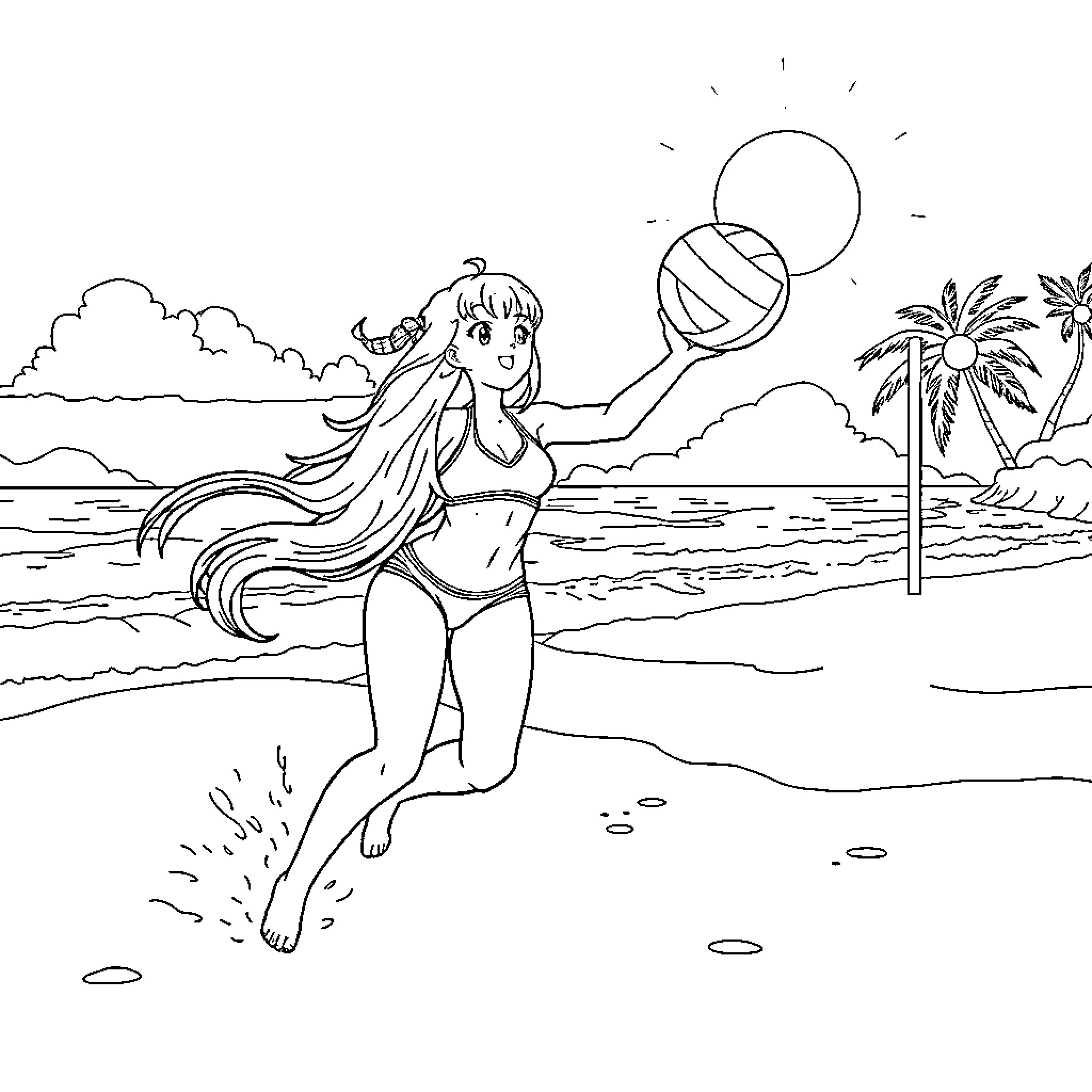 Huntrix Playing Beach Volleyball in the Tropics Coloring Page (free black-and-white line drawing printable PDF for all, from beginners to advanced learners, including children, teens, adults, and seniors)